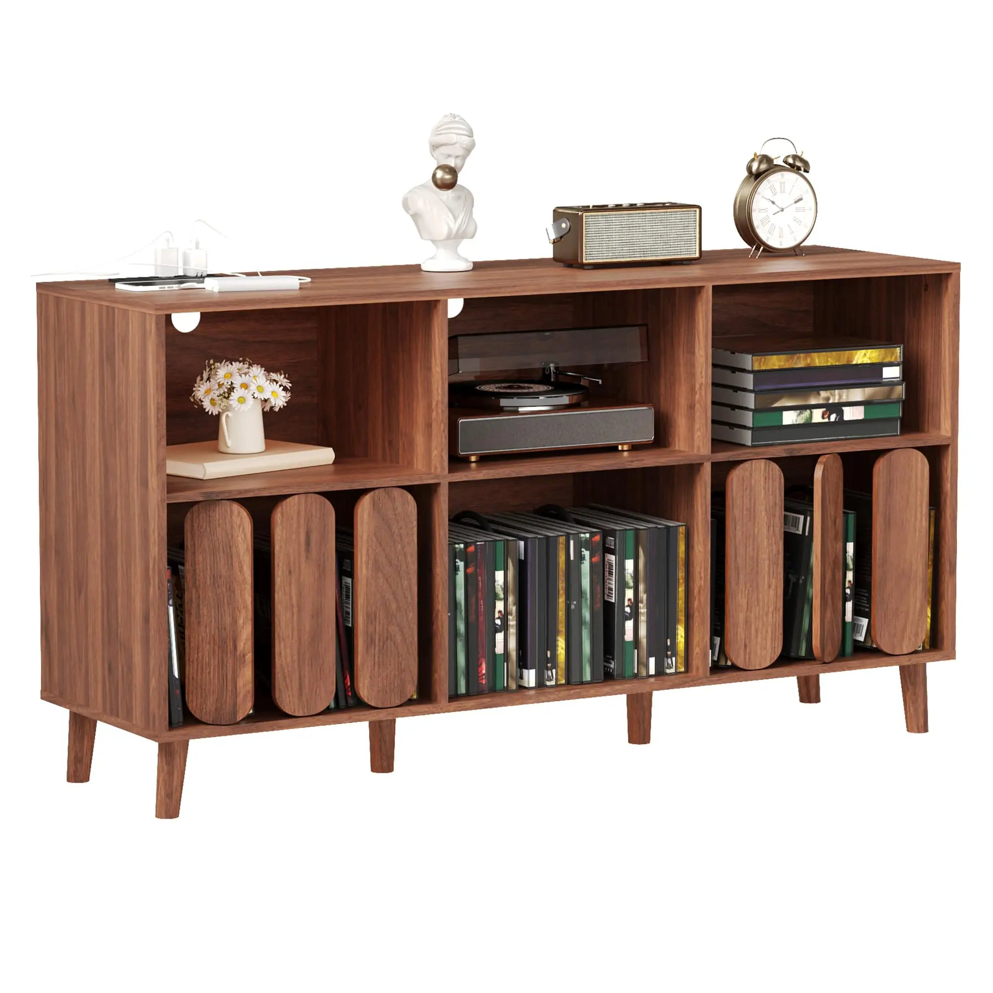 Modern Large Record Player Stand with Power Outlet, 55'' Mid-Century Vinyl Record Storage Holder Turntable Stand Record Stand Table with Charging Station, Wood TV Stand Media Console