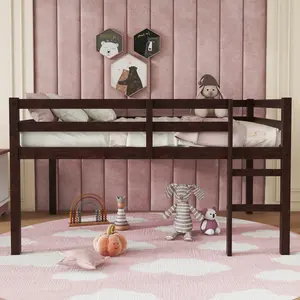 Espresso Full-Size Low Loft Storage Bed (6 Inches or Less Loft Height, 78.6" x 56.3" x 44.3"), Rubber Wood-Plywood Frame, 400LBS Capacity, High Guardrails, Wide Ladder, Under-Bed Storage, Minimalist Style, No Box Spring Needed, Easy Assembly Required