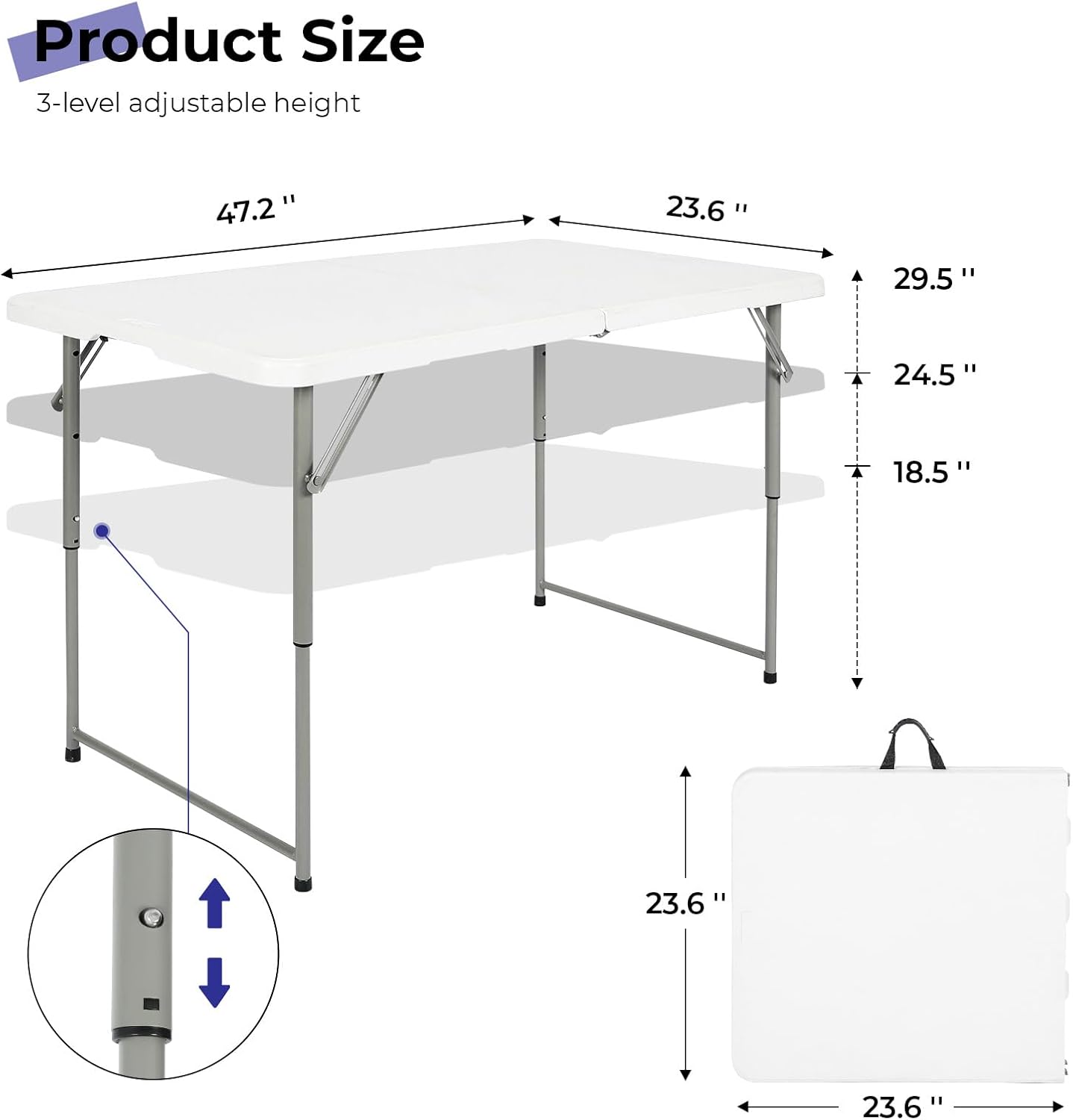Folding Table 4 Foot Portable Heavy Duty Plastic Fold-in-Half Utility Table Small Indoor Outdoor Adjustable Height Folding with Carrying Handle, Camping and Party,White