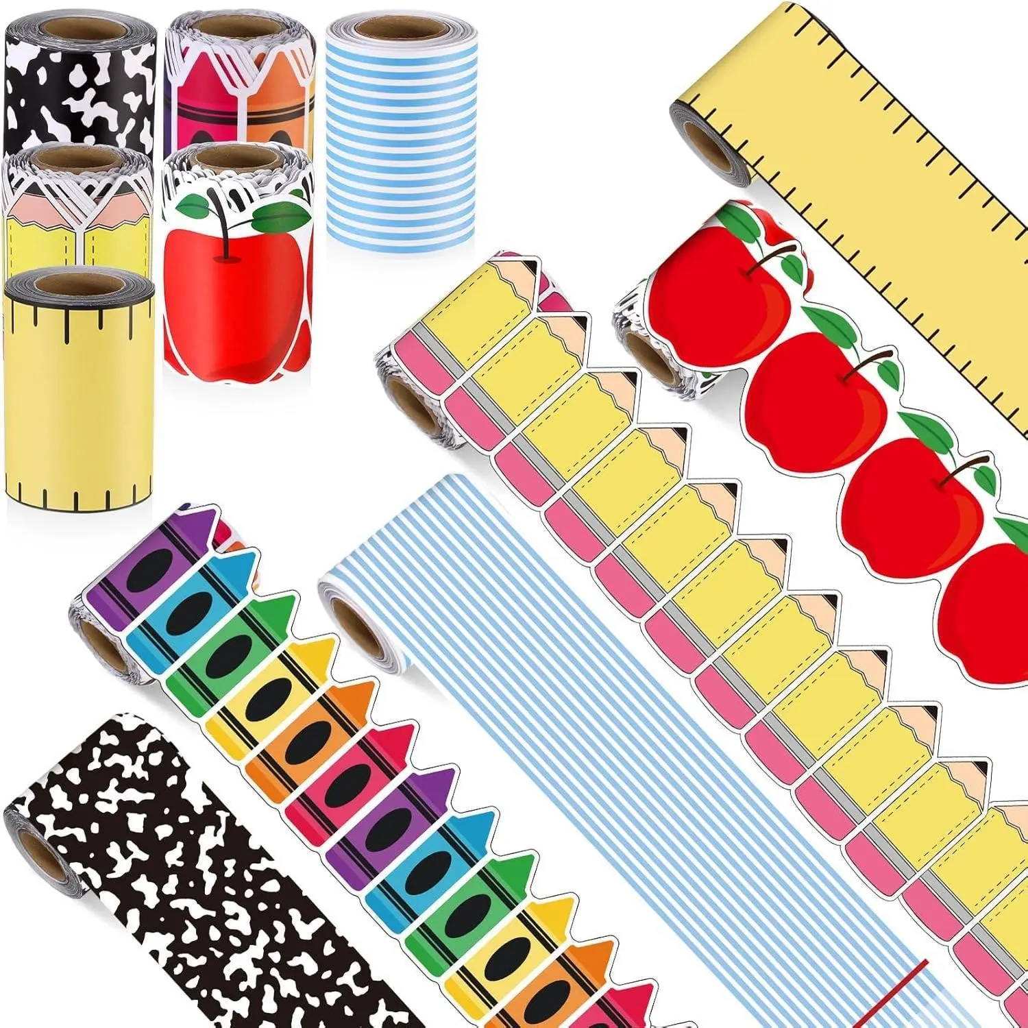 160ft Classroom Bulletin Board Borders Decoration, 6 Rolls Apple Crayon Pencil Bulletin Board Borders, Scalloped Trims for School Office Chalkboard Whiteboard Poster Wall Decor