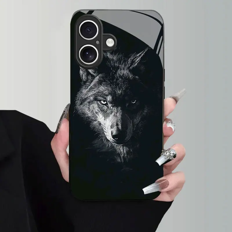 Phone Case: Black Wolf King Pattern New Ins-Style Tempered Glass Phone Case for iphone17 Air 16 15 Pro Max 14 Plus 13 12 11