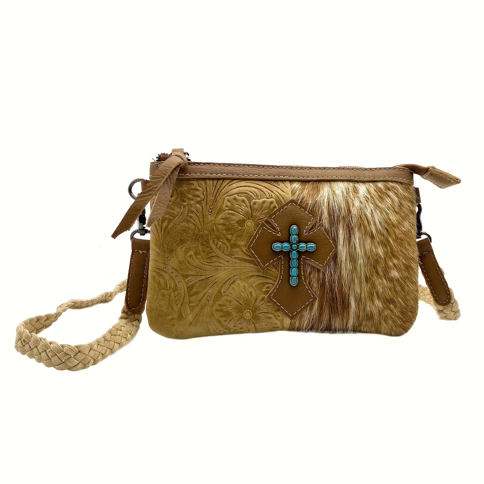 Hair On Hide Western Turquoise Cross Crossbody Messenger Bag For Women Phone Bag