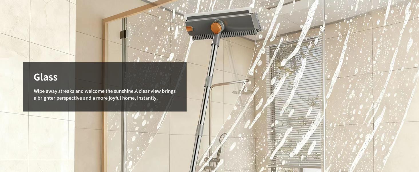 3 in 1 Floor Scrub Brush,Floor Scrubber with Squeegee and Tweezer, Push Broom with Long Handle,Heavy-Duty Stiff 90 °   Bristle Broom for Patio,Shower, Garage,Deck,Tile, Concrete & Wood Surface