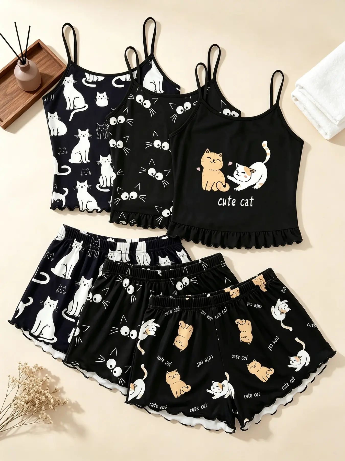 Women's Sleepwear & Loungewear, Camisole sets, 6 Pack Set Black Cartoon Cat Kitty Print Summer Spaghetti Strap Ruffle Lettuce Hem Contrast Trim Soft Stretch Lightweight Sleeveless Cami Top Short Pants Casual Two Piece Outfit Home Daily