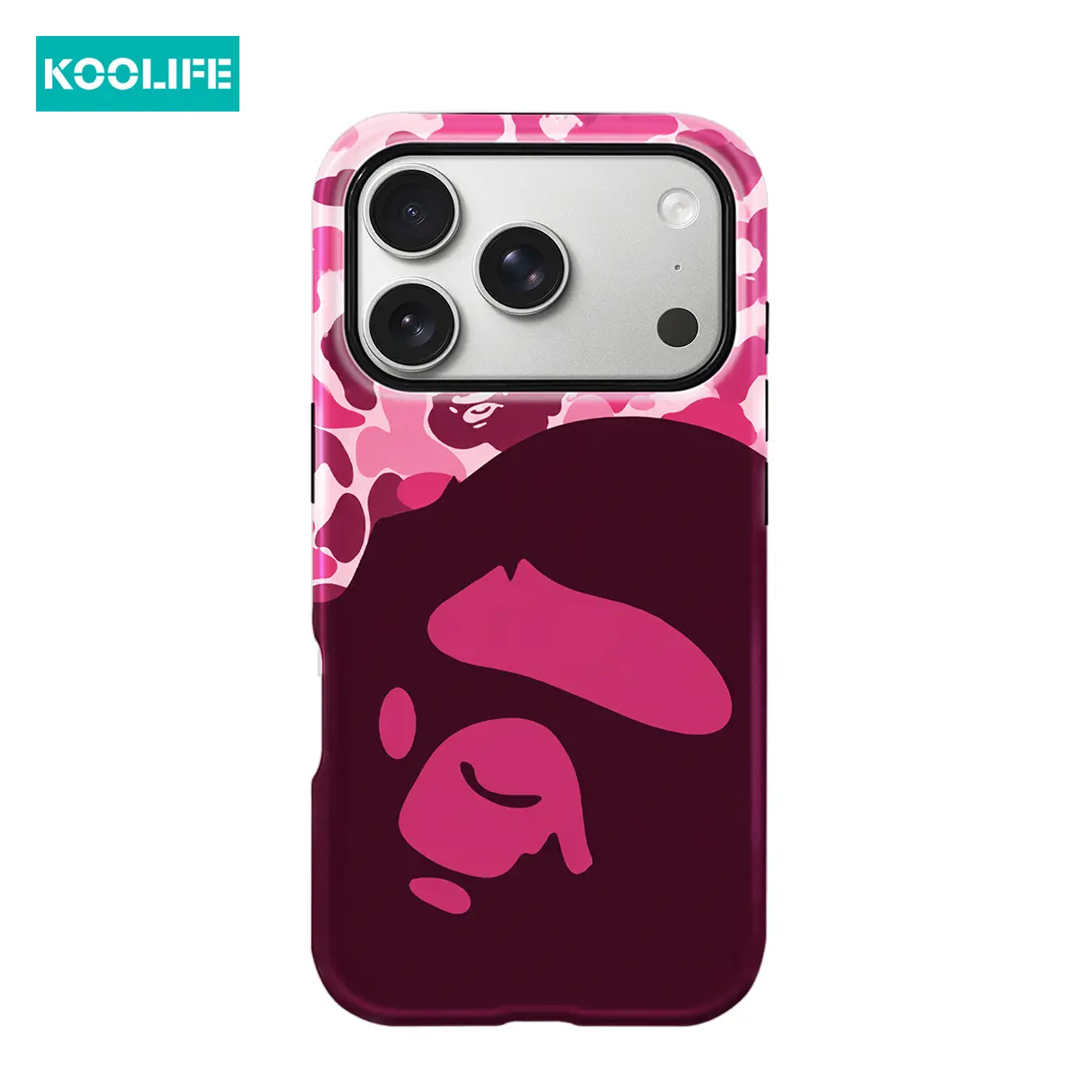 Pink Camo Ape Head Pattern Phone Case, Glossy Protective Cover, Hypebeast Two-In-One Shockproof Shell, Cute Daily Accessory, Ideal Holiday Present, Fits iPhone 17/16/15/14/13/12/11/XR/XS Max/Pro Max/Plus/Pro