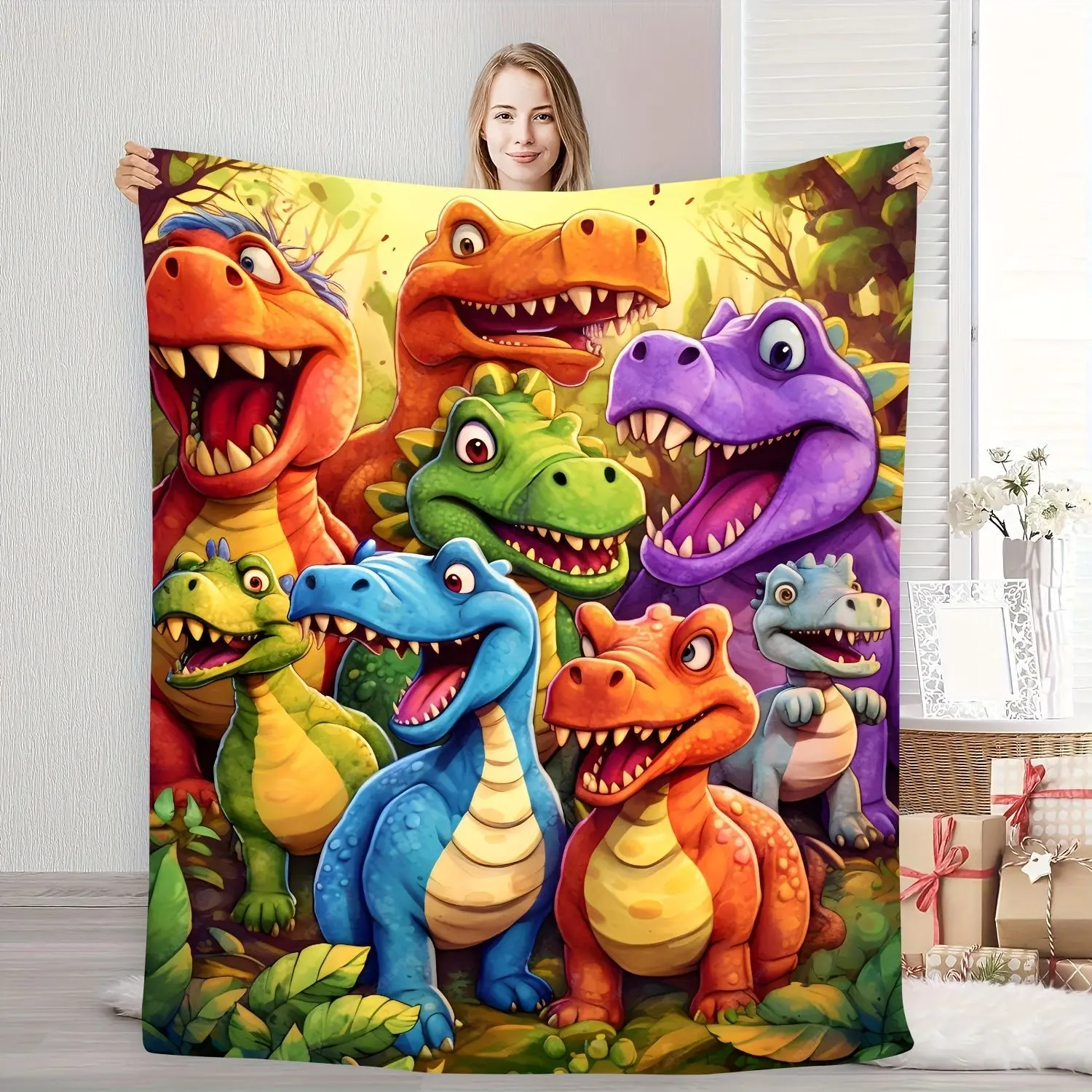 Colored dinosaur flannel car blanket Soft and comfortable printed blanket One blanket Multi-purpose lunch break blanket Sofa blanket