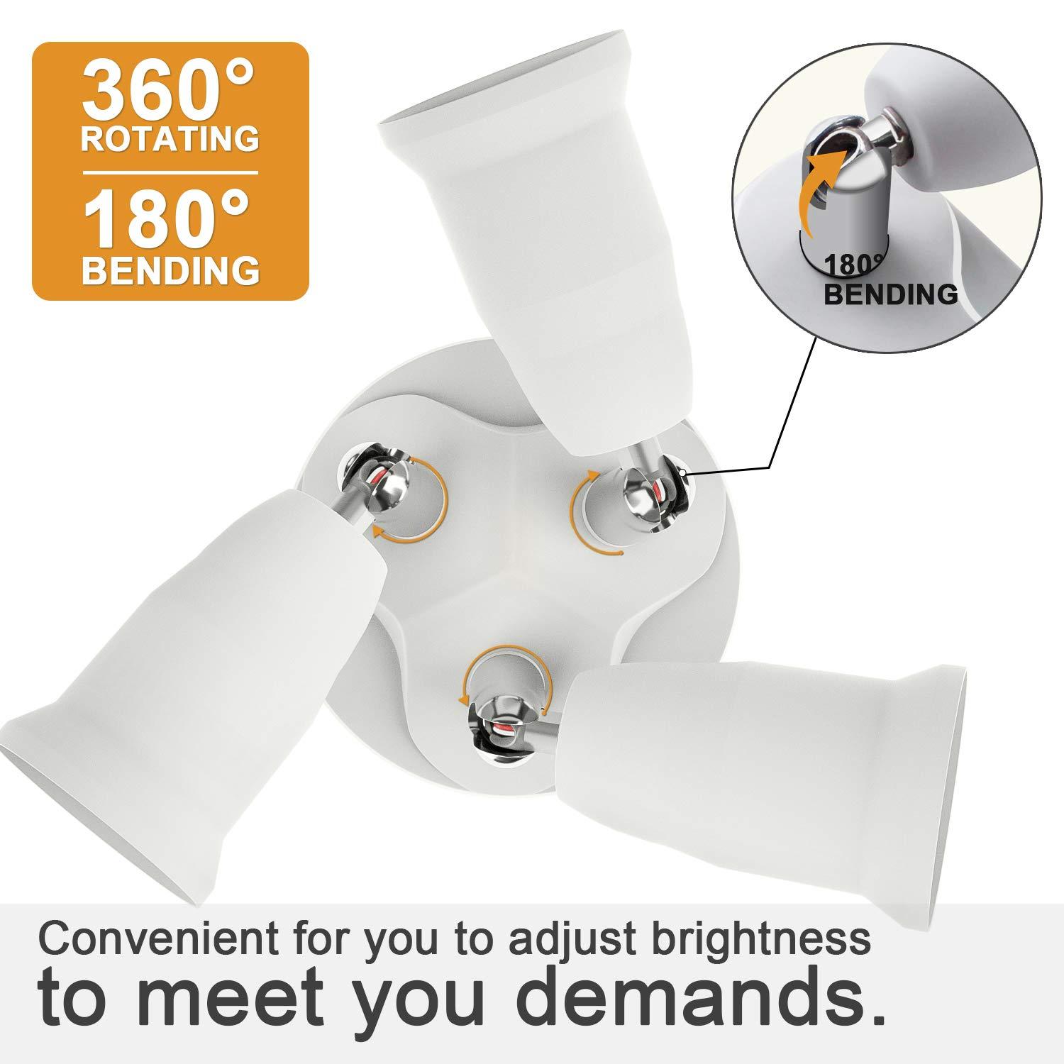 3 in 1 E26 Light Socket Splitter Adapter, Standard Base LED Bulb Converter, 360 Degrees Adjustable 180  Bendable, 3 Way Bulbs Socket Holder