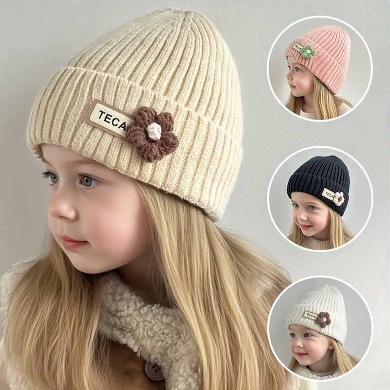 1pc Girls' Winter Hat with Floral Ear Flaps - Thick Knit Beanie, Soft Stretchy Cold Weather Cap for Toddlers & Kids Ages 3-8, Beige/ Pastel Pink/ Navy - Perfect Christmas, Birthday, Thanksgiving Gift for Girls, Seasonal Kids Wear, Playful Design, Comforta