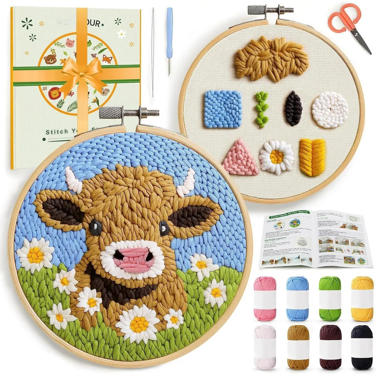 Punch  Kit for Beginners, Highland Cow Punch  Kits | Craft Kits for Adults with 2 Pre-Printed Fabrics, Embroidery Hoop, Threads, DIY  and  Decor 20 * 20cm