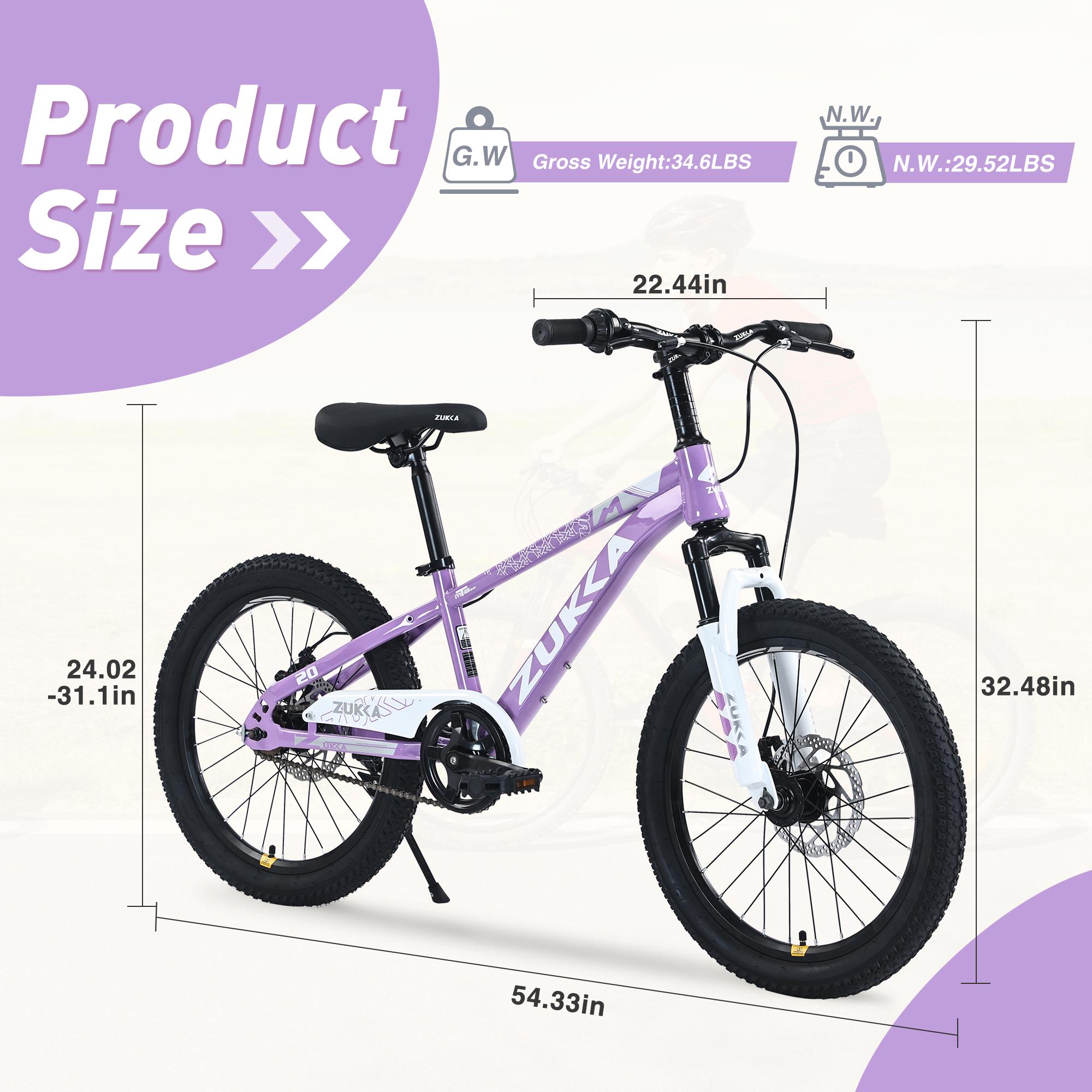20 Inch Kids Mountain Bike for 7–10 Years Old, 44–56 Inch Rider Height, Steel Frame Double Disc Brake, Suspension Fork, Adjustable Saddle & Handlebar, Anti-Slip Pedal, All-Terrain Outdoor Kids Bicycle