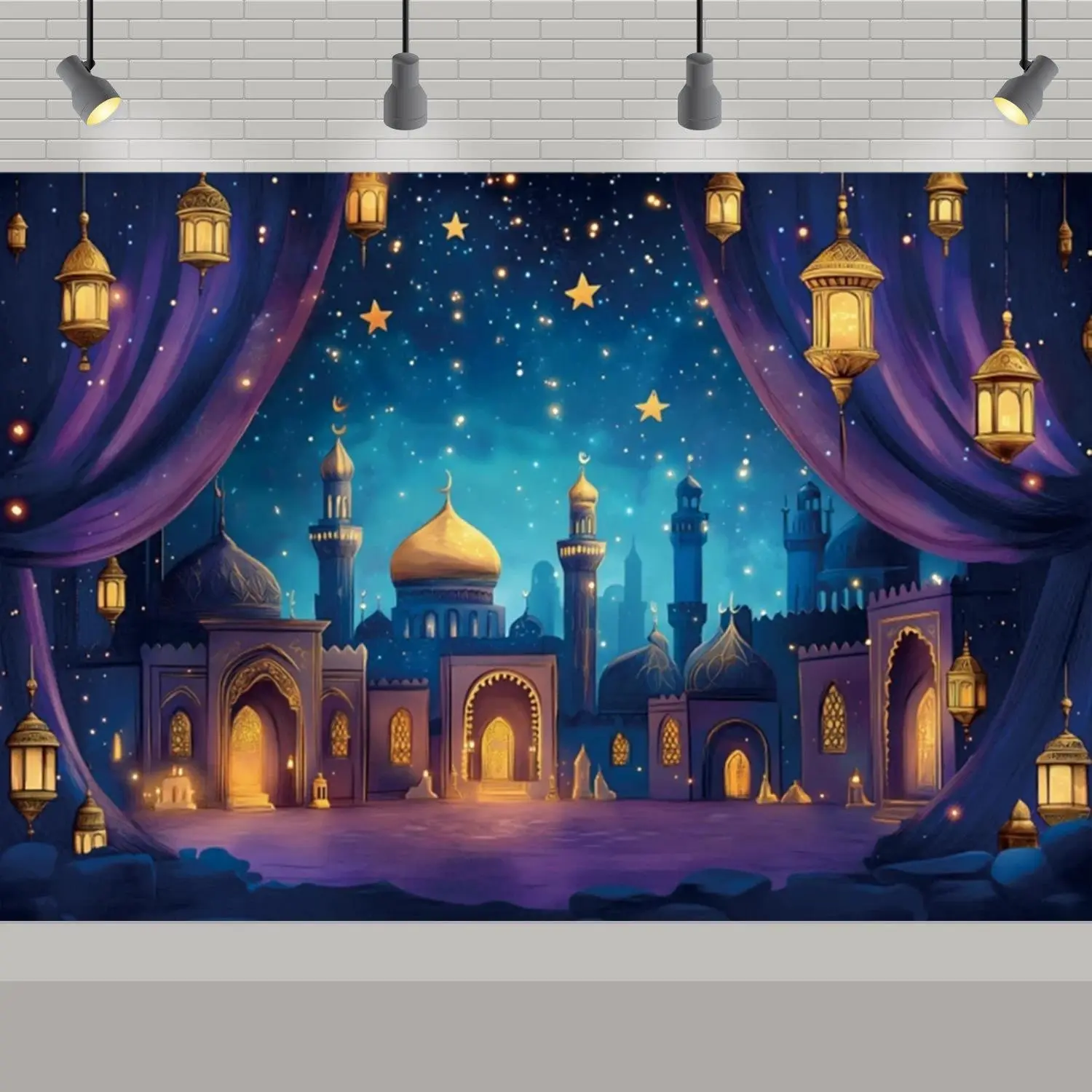 Arabian Aladdin Palace Backdrop Party Backdrop Polyester Fabric Birthday Decoration Photo Backdrop Wall Decor Photography Background Golden Mosque Event Banner Studio Prop Desert Fantasy Scene
