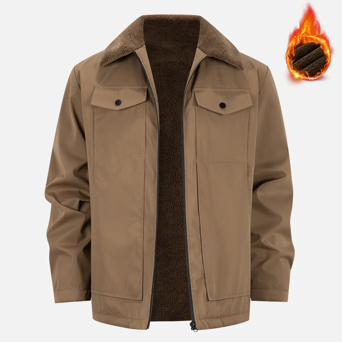 Menswear Plain Long Sleeve Warm Fleece-Lined Trucker Jacket - Sherpa Collar, Zip-Up, Multi-Flap Pockets, Wind-Resistant, Thick Casual Work Outer Coat - Machine Washable Tops for Autumn Winter Daily Outdoor Wear
