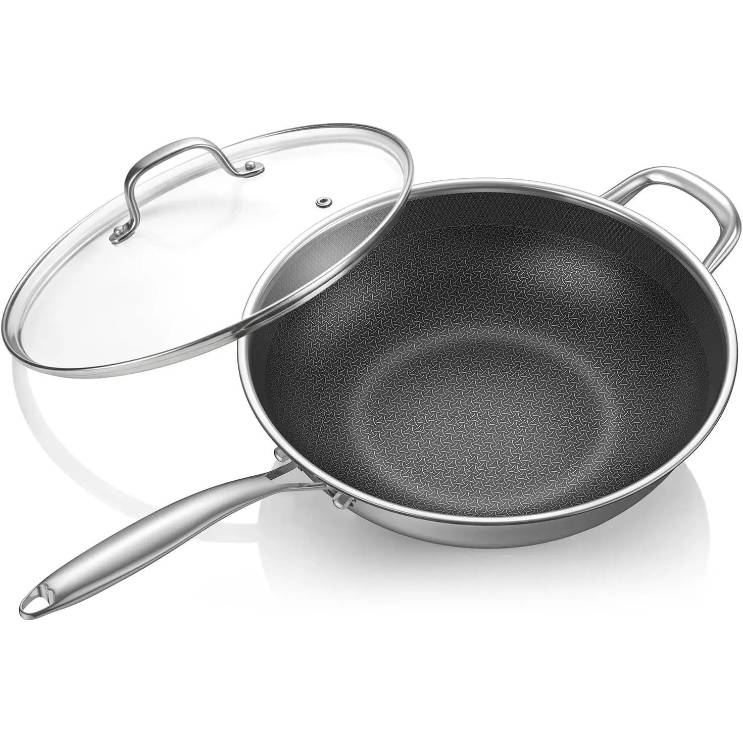 12.5-Inch Hybrid Stainless Steel Wok Pan with Lid, Laser-Textured Nonstick Stir Fry Pan, PFOA-Free, Induction Compatible, Oven & Dishwasher Safe for All Cooktops