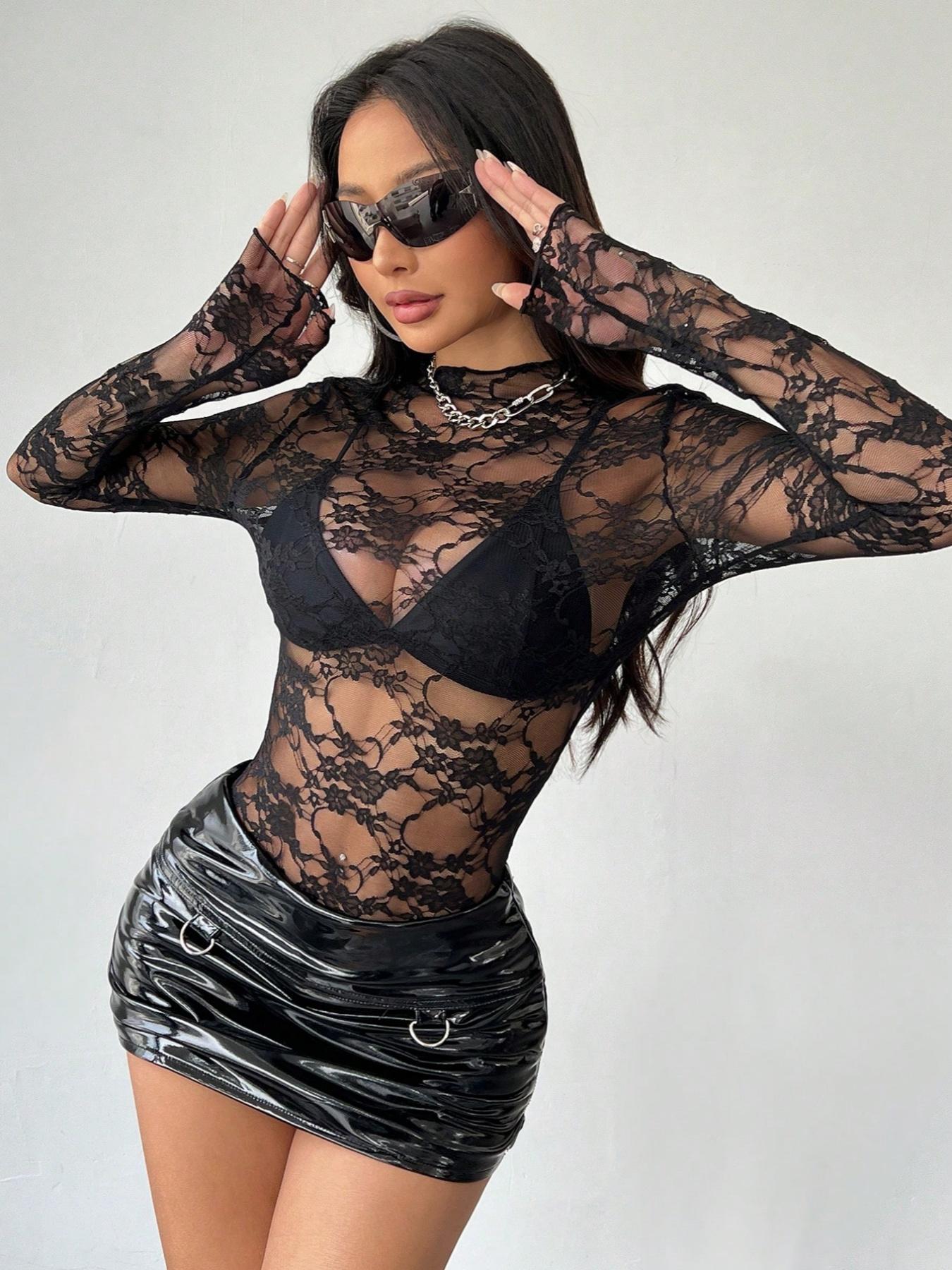 Women's Sheer Mock Neck Floral Lace Top, Fashion Long Sleeve Lettuce Trim Top for Daily Outdoor Wear, Ladies Clothes for All Seasons Womenswear