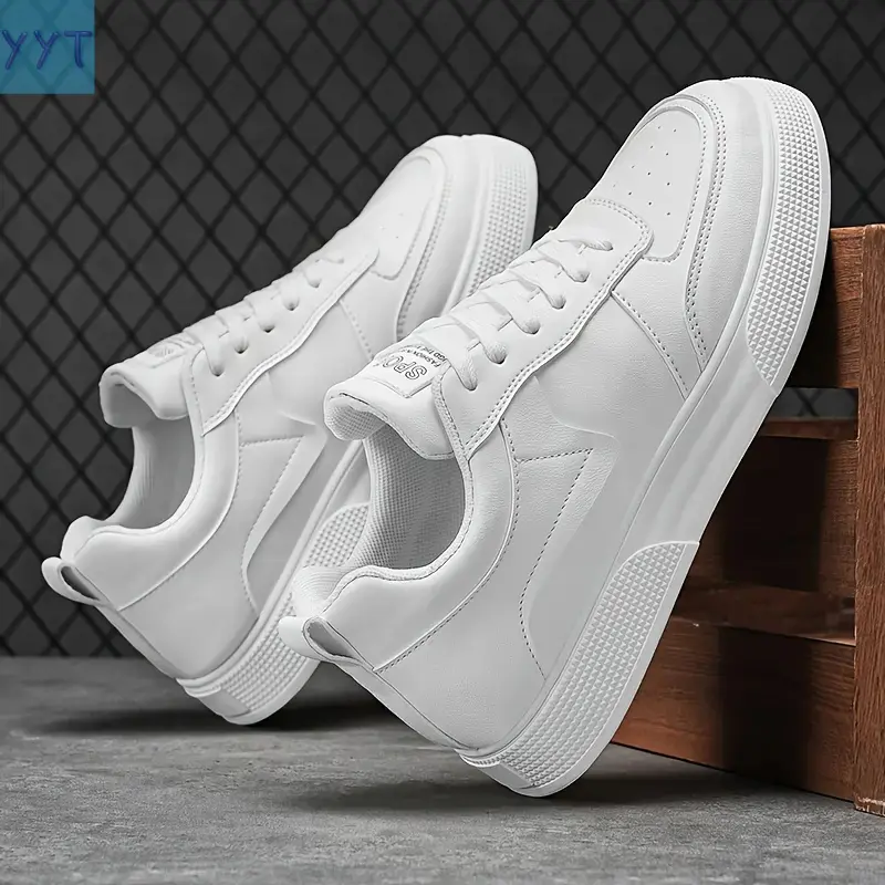 YYT1 Men's Minimalist Classic White Round Toe Lace-Up Casual Trainers - PU Leather Upper, PVC Sole, All Seasons, Comfortable Insole, Durable, Easy to Clean for Office & Gym Use