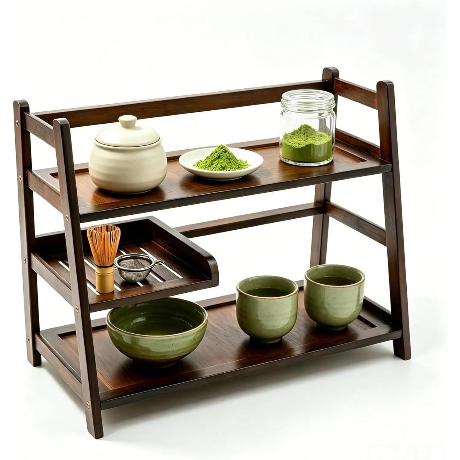 Bamboo 3-Tier Matcha Station, Coffee Organizer & Mug Display for Countertop | brown, solid bamboo structure, 3-tier storage, smooth easy-wipe surface, simple assembly, for kitchen coffee office