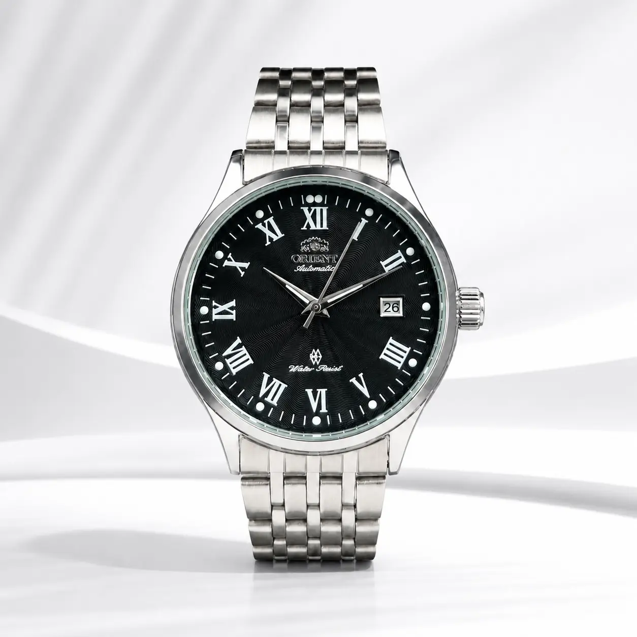 Men's Automatic Mechanical Watch, Silver Stainless Steel Bracelet, Black/White Textured Dial Roman Numerals, Date Display Luminous Dress Wristwatch, Water Resistant Business Commute Mechanical Watch, Ideal Gift for Gentlemen