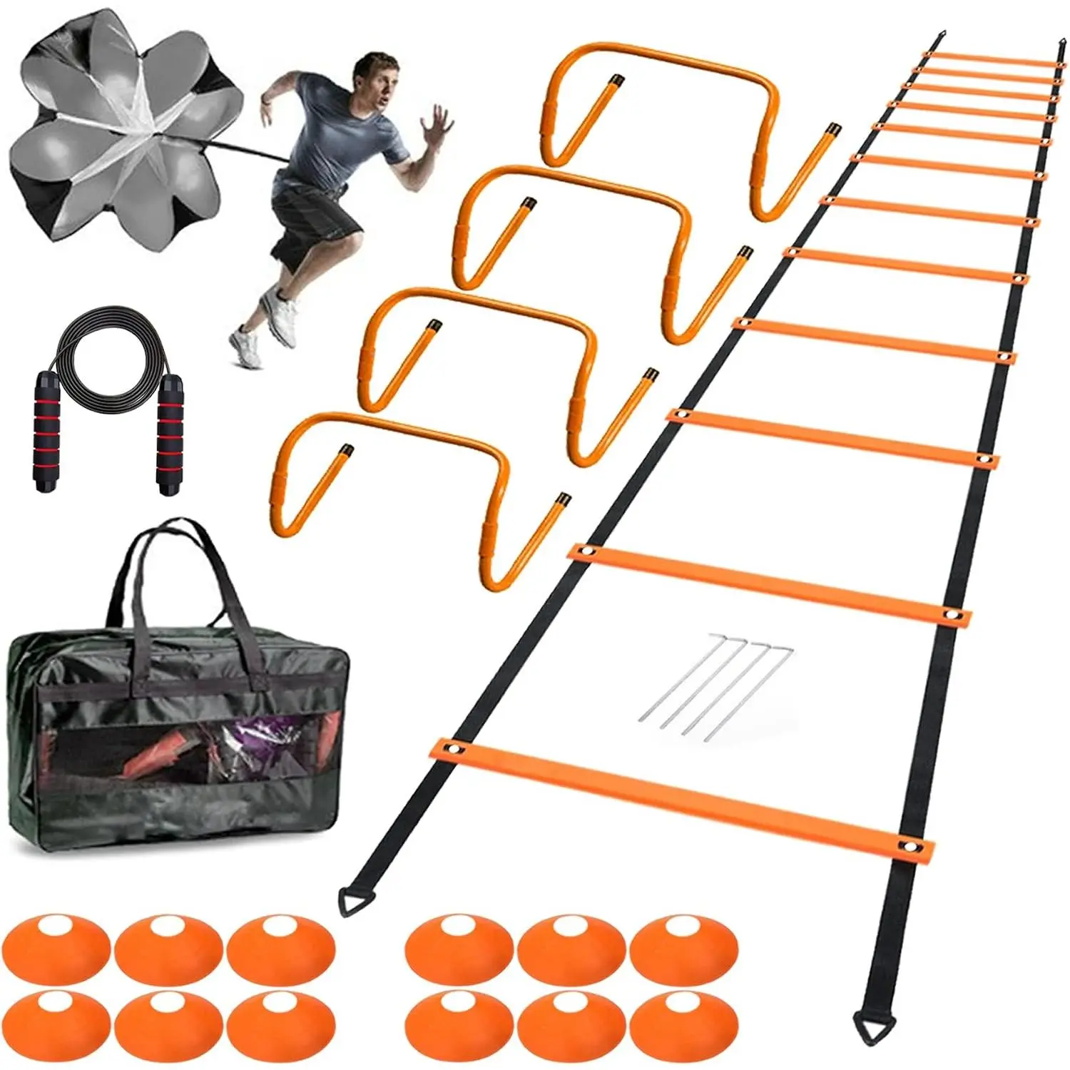 Agility Ladder Set 20ft, 4 Hurdles, 12 Soccer Cones, Jump Rope & Running Parachute - Speed Agility  Equipment for Soccer Fitness  Youth Adults