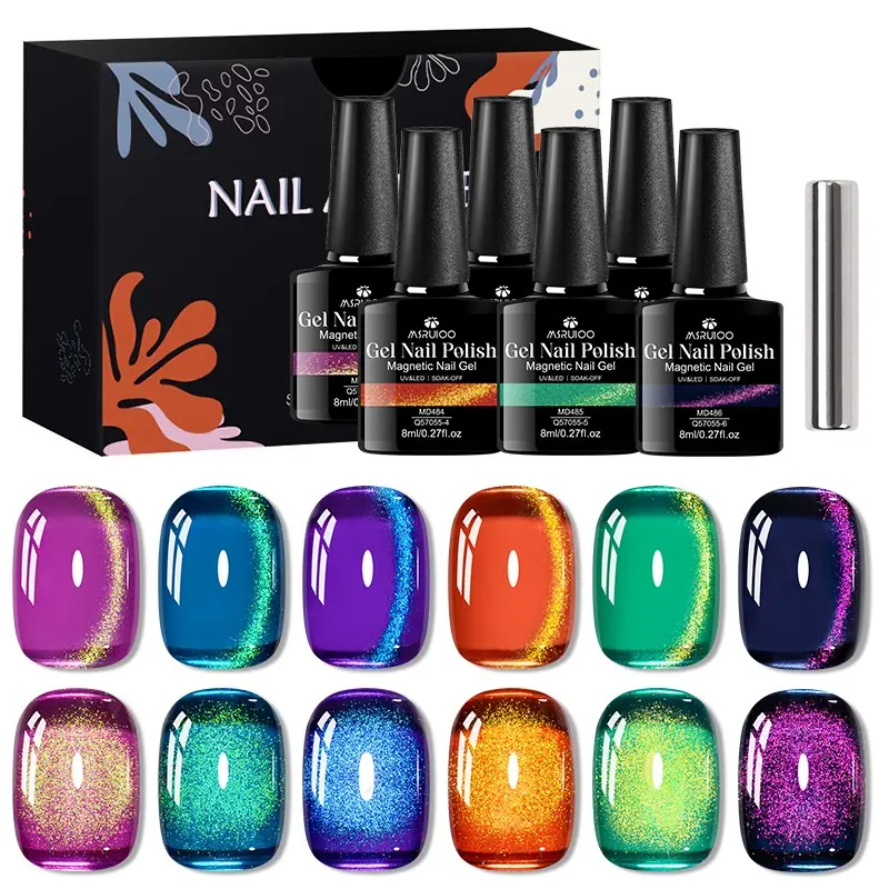 MSRUIOO 6-Color Gem Magnetic Gel Nail Polish Set, Vivid Clear Amber Jelly Effect Transparent UV LED Cat Eye Gel Polish with Magnetic Stick, Professional Salon Quality Nail Art, Ideal Gift for Women and Girls