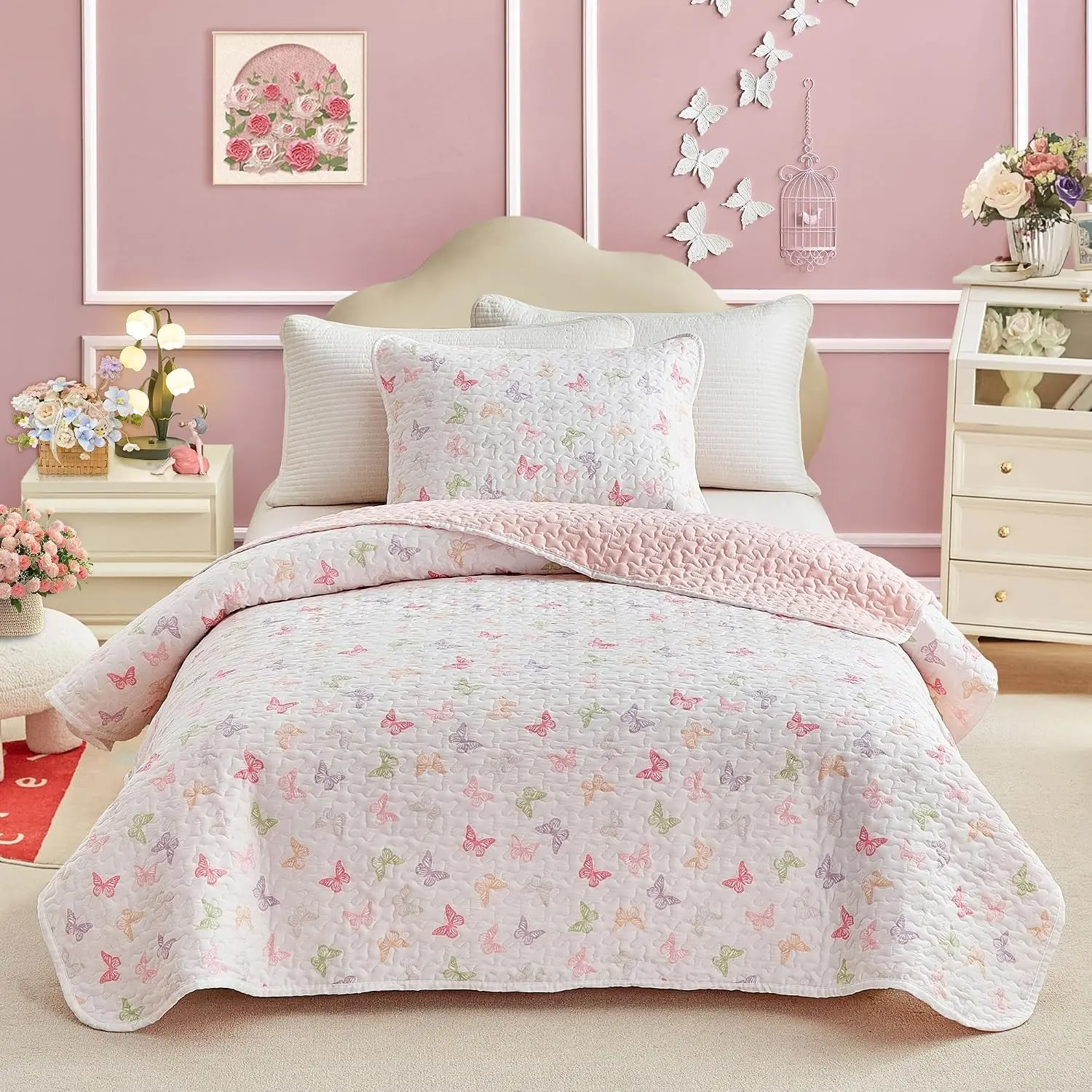 Twin Size Quilt Set for Girls, Colorful Butterflies Pink Design, 2pcs Soft n Cozy Microfiber Quilt, Bedspread Bed Cover for All Season- 68x88 inches