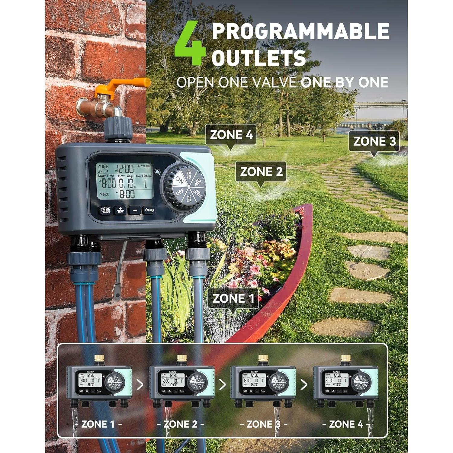 Sprinkler Timer, 4 Outlets Hose Timers, 4 Zone Water Timer for Watering with Rain Delay/Manual/Automatic Timed Irrigation Controller System for Lawn Sprinkler Timer, 4 Outlets Hose Timers, 4 Zone Water Timer for Watering with Rain Delay/Manual/Automatic Timed Irrigation Controller System for Lawn