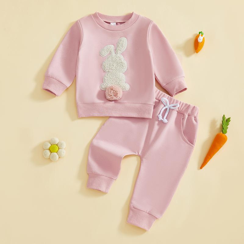 Babamoon Toddler Baby Girl Boy Easter Outfits Set Rabbit Long Sleeve Crew Neck Fuzzy Bunny Tail Embroidery Sweatshirt and Pants Clothing Set 0-3T