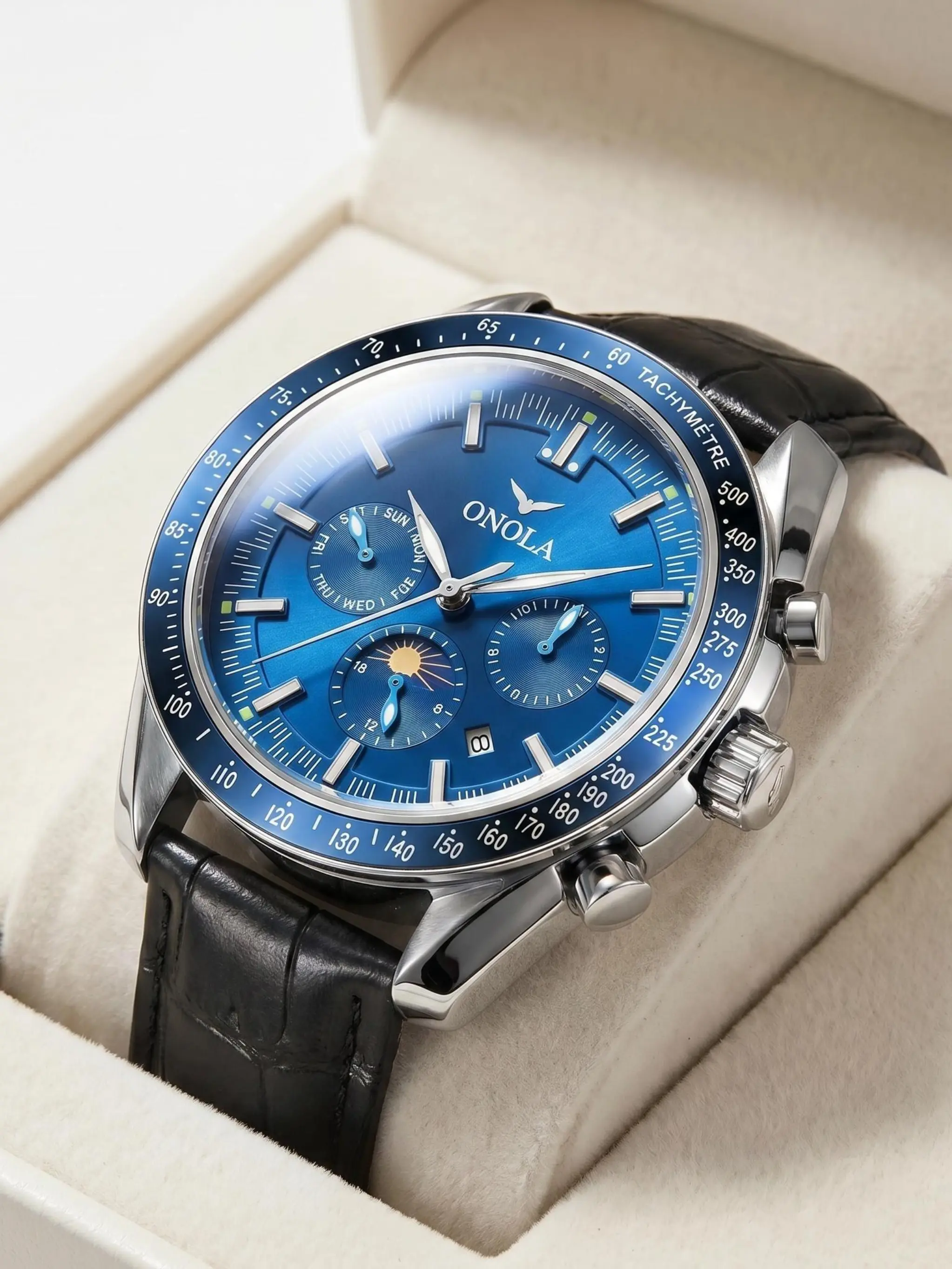 Onola Men's Mechanical Watch, Automatic Mechanical Wristwatch Men Moon Phase Chronograph Hand Watch Luxury Business Mechanical Watch Leather Strap Tachymeter Large Dial Dress Wristwatch For Men