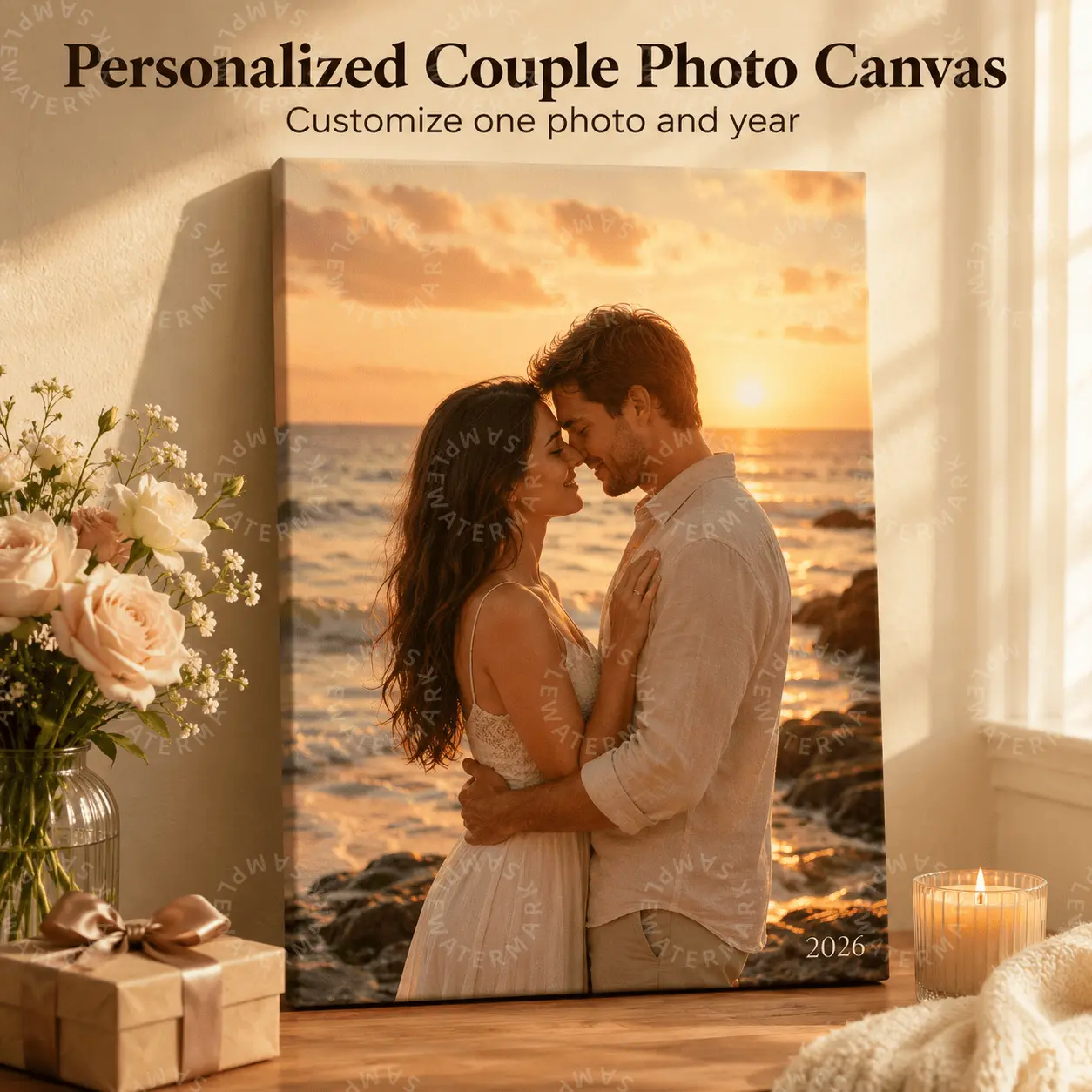 Personalized Couple Photo Canvas, Custom Beach Sunset Photo Wall Art with Year, Romantic Anniversary Gift, Wedding Memory Canvas Print, Bedroom Wall Decor, Living Room Decor, Aesthetic Couple Gift