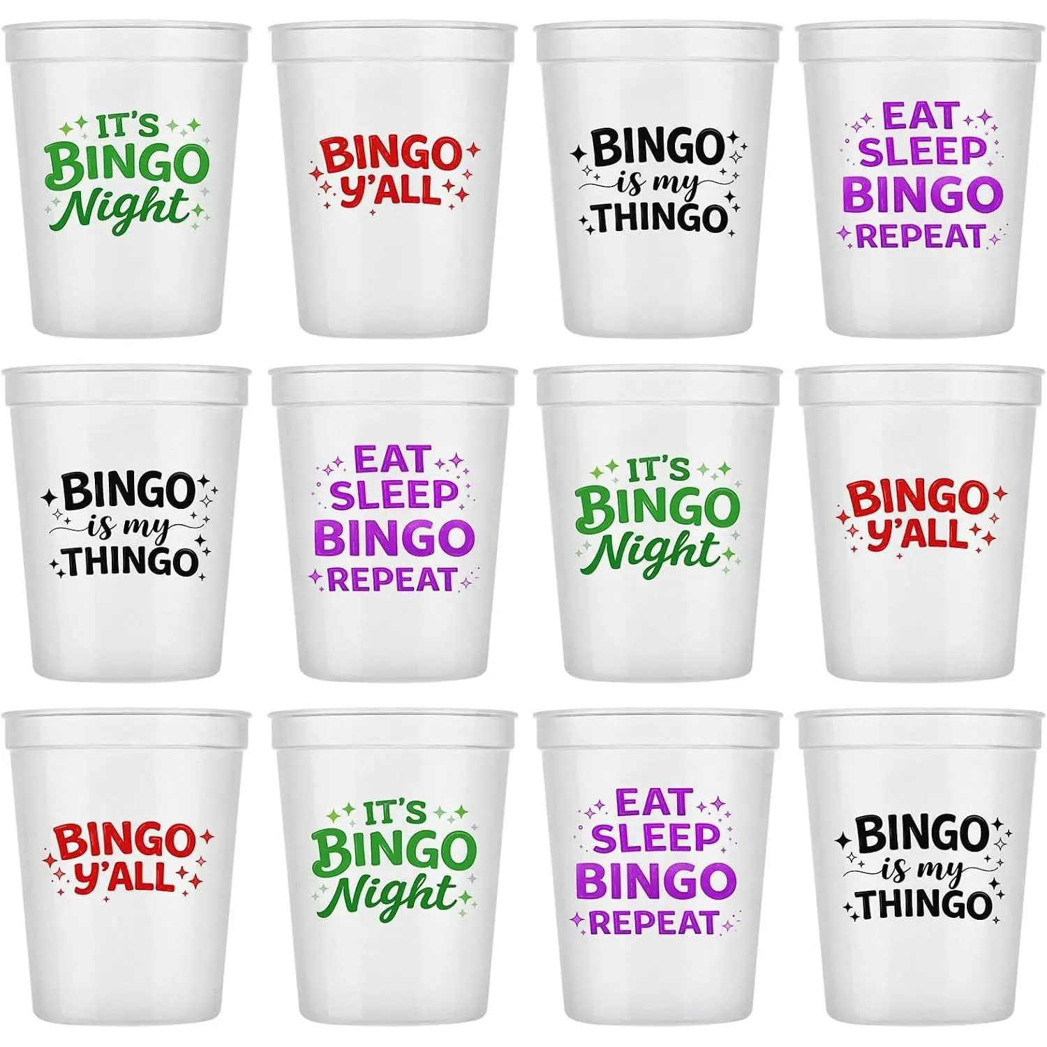 Yungyan 12 Pcs 16 oz Bingo Cups with Multicolor Funny Phrases, Frosted Reusable Plastic Party Supplies, Bingo Game Night Prizes Gifts for Family Christmas Birthday Celebration Accessories