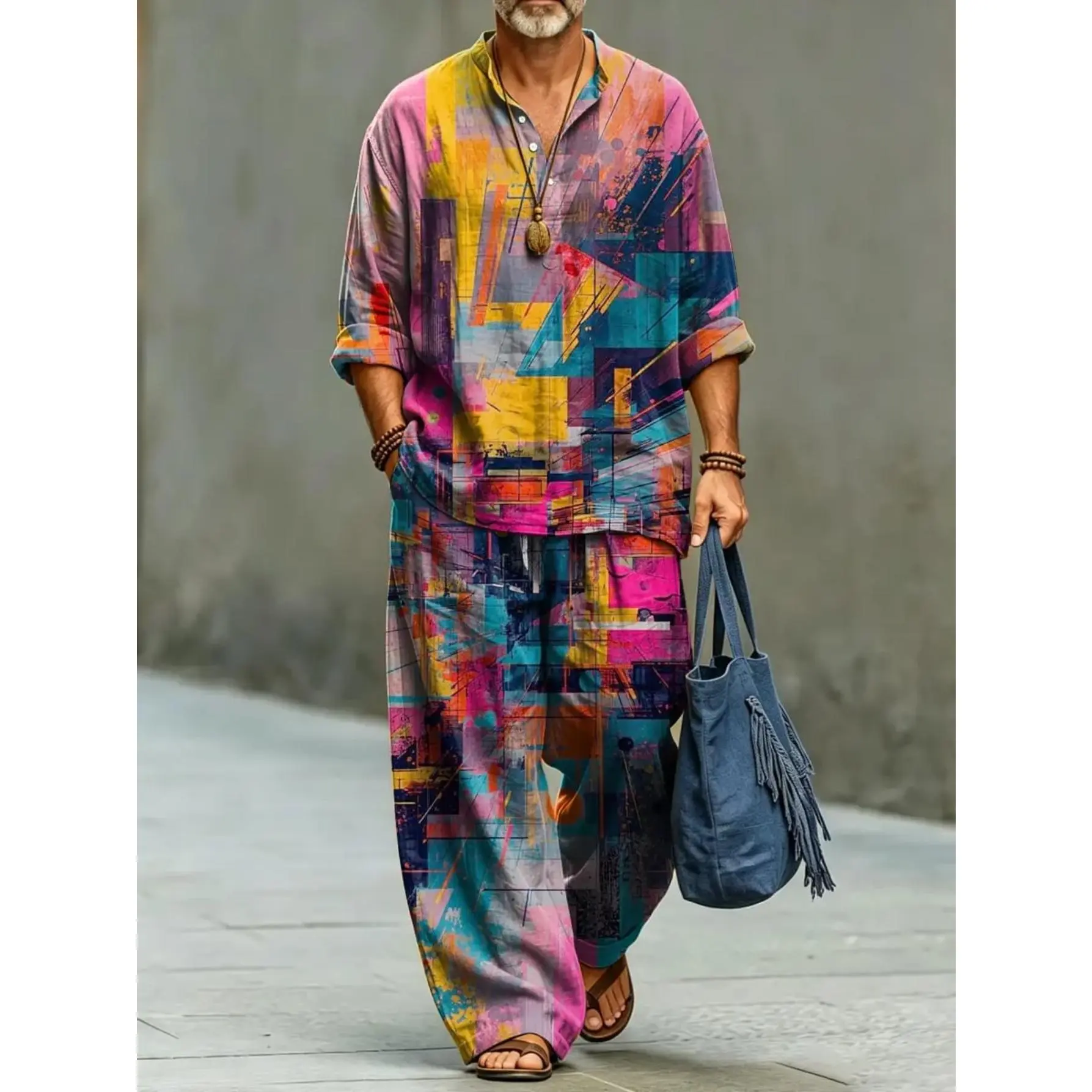 Men's Abstract Geometric Print 2 Piece Outfit, Stand Collar Half Button Shirt & Drawstring Wide Leg Pants Set, Casual Loose Vacation Matching Suit, Boho Streetwear