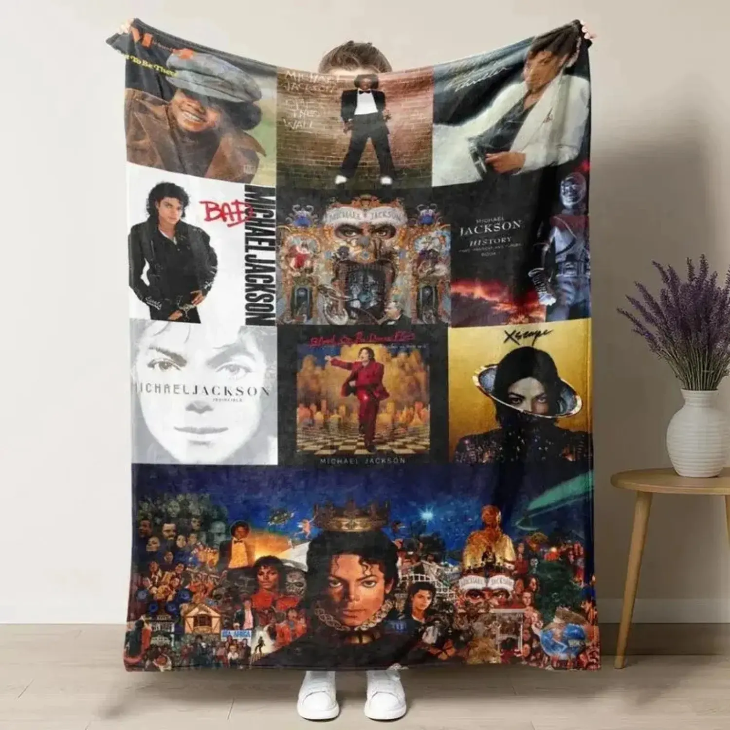 Music Legend Album Cover Collage Sherpa Throw Blanket, Multicolor Vintage Photo Mosaic Full‑Print Cozy Fleece Blanket, Decor Gift For Classic Pop Music Enthusiasts