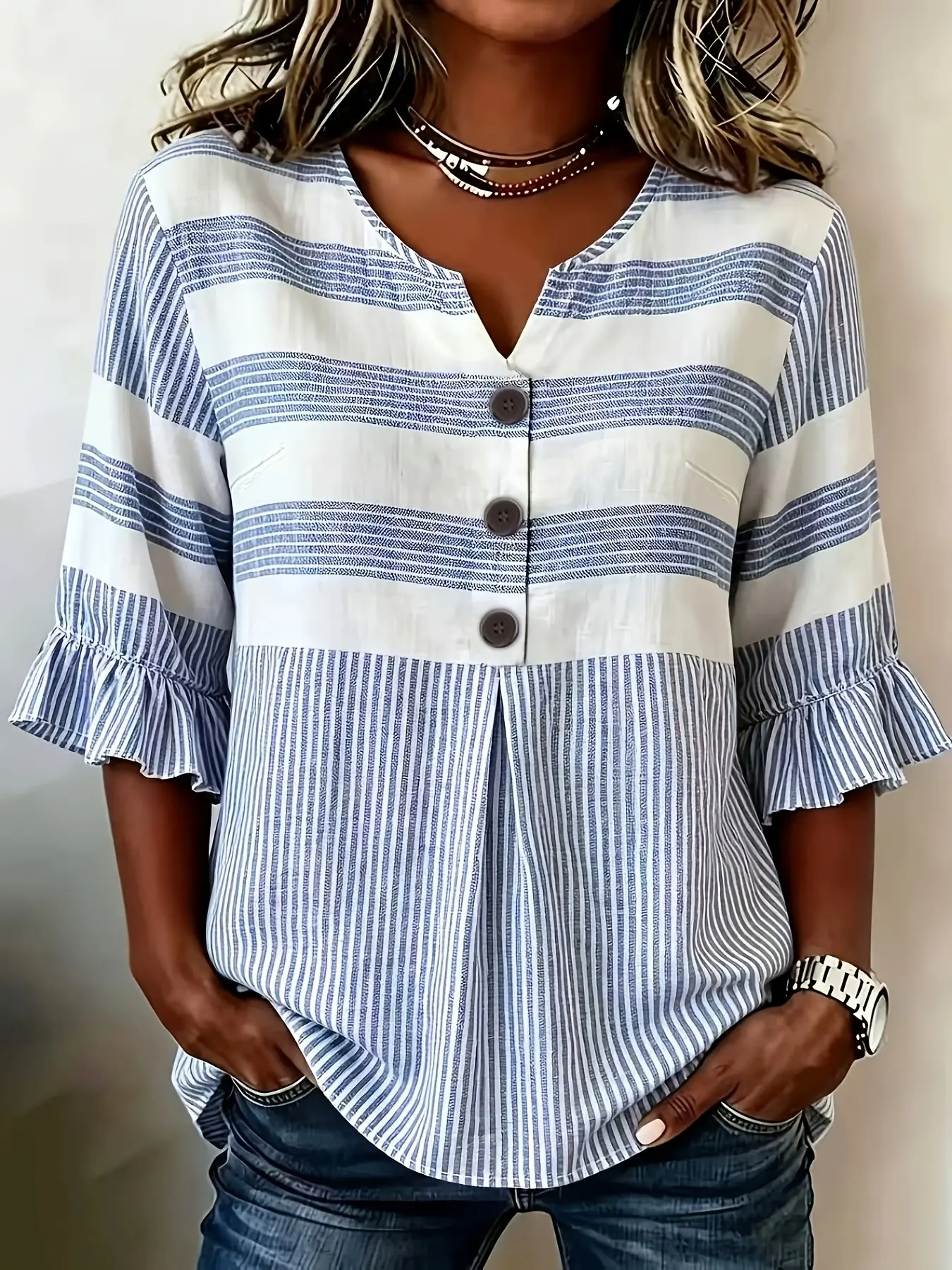 Plus Size Striped Notched-Neck Blouse, Casual Button Detail Ruffled Half-Sleeve Shirt for Daily Wear, Comfortable Relaxed Fit Trendy Top, Stylish Clothes