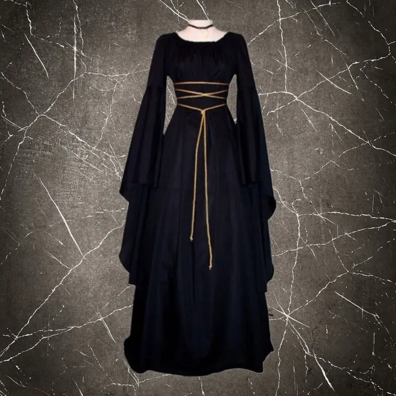 Medieval Retro Solid-Color Long Witch Costume with Binding Design, Premium Fabric Overall, Fits Halloween Stage Party Show (Pairs with Festive Hats & Party Accessories)