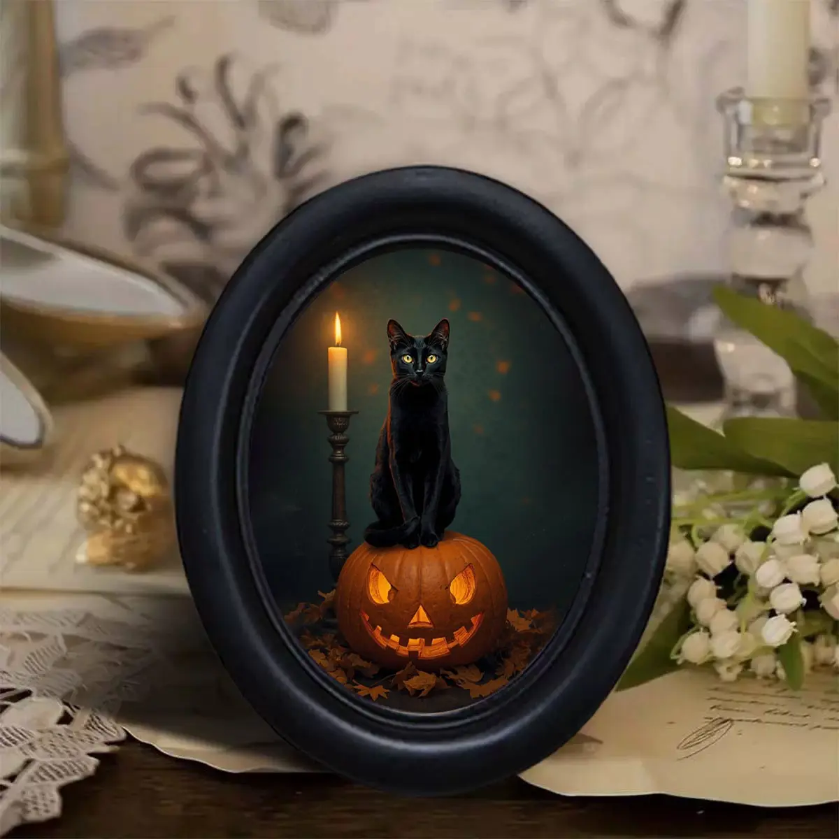Halloween Cat Pumpkin Art Frame, Gothic Wall Decor, Halloween Christmas Thanksgiving Home Office Decoration, Oval Shape, Dark Candle Scene