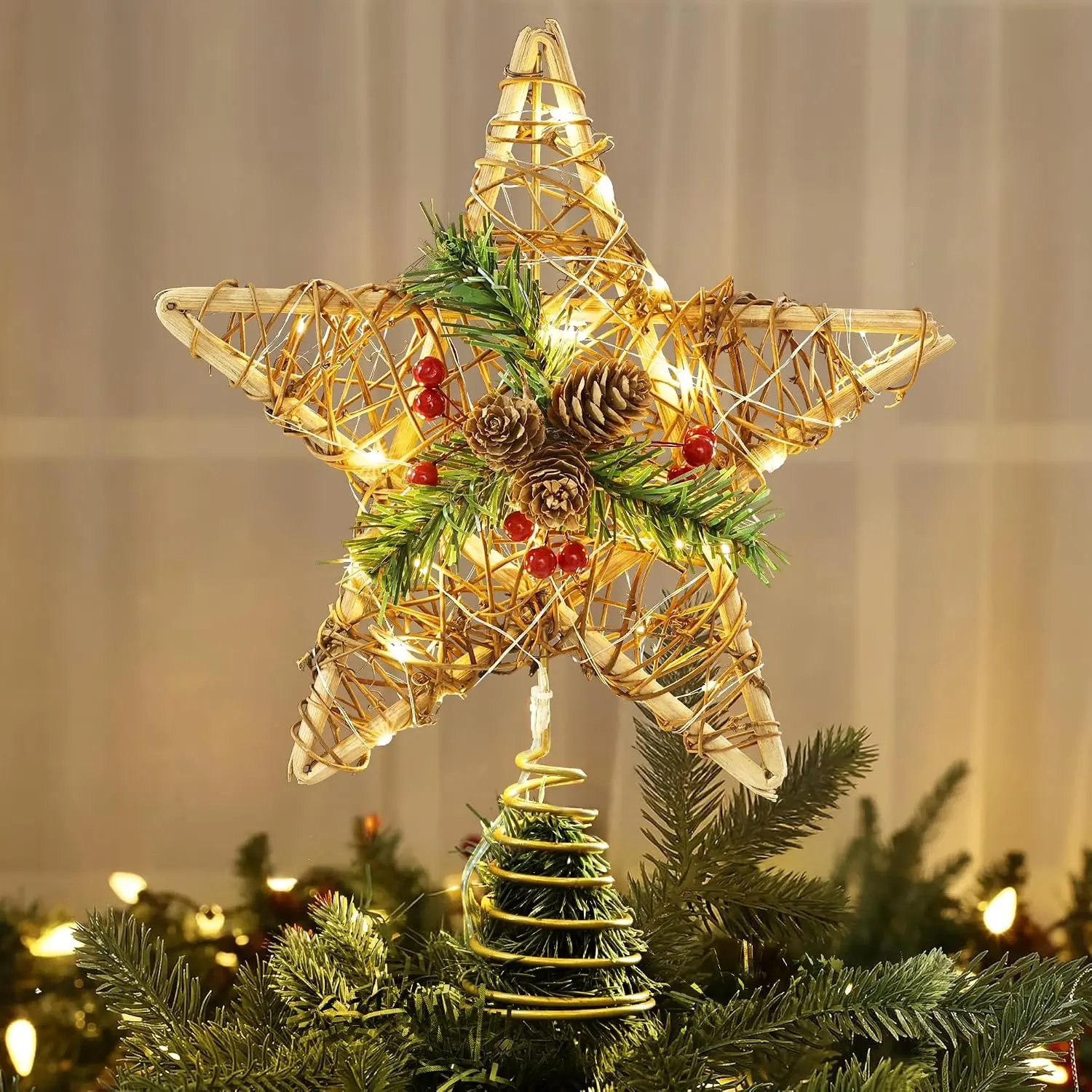 Christmas Tree , 10'' Rattan Christmas Tree Topper with 30 LED Lights,   Xmas Treetop with Red Berries & Pine Cones, Xmas  Ornament for Christmas Tree  Decor