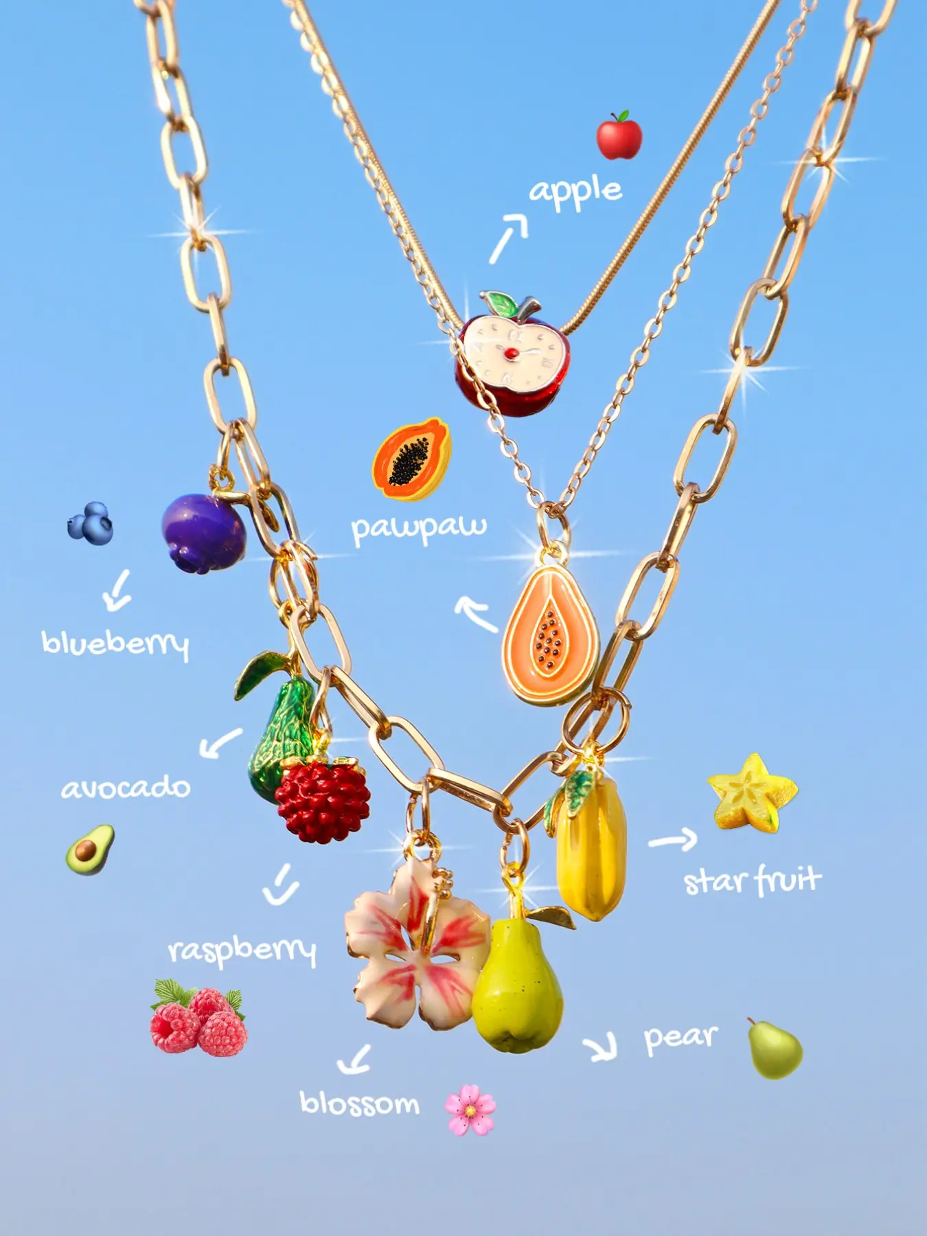 Cute Fruit Papaya Blueberry Charm Necklace Set 3pcs, Adorable Apple Necklace, Fashion Cherry Blossom Necklace, Trendy Jewelry Collection