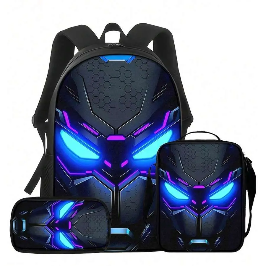 3PCS Cool Mecha Backpack Set, 2D Printing, Large Capacity School Bag With Matching Lunch Bag & Pencil Case, Durable Lightweight Bookbag , Daily Use, And Gift, 17in Bookpack