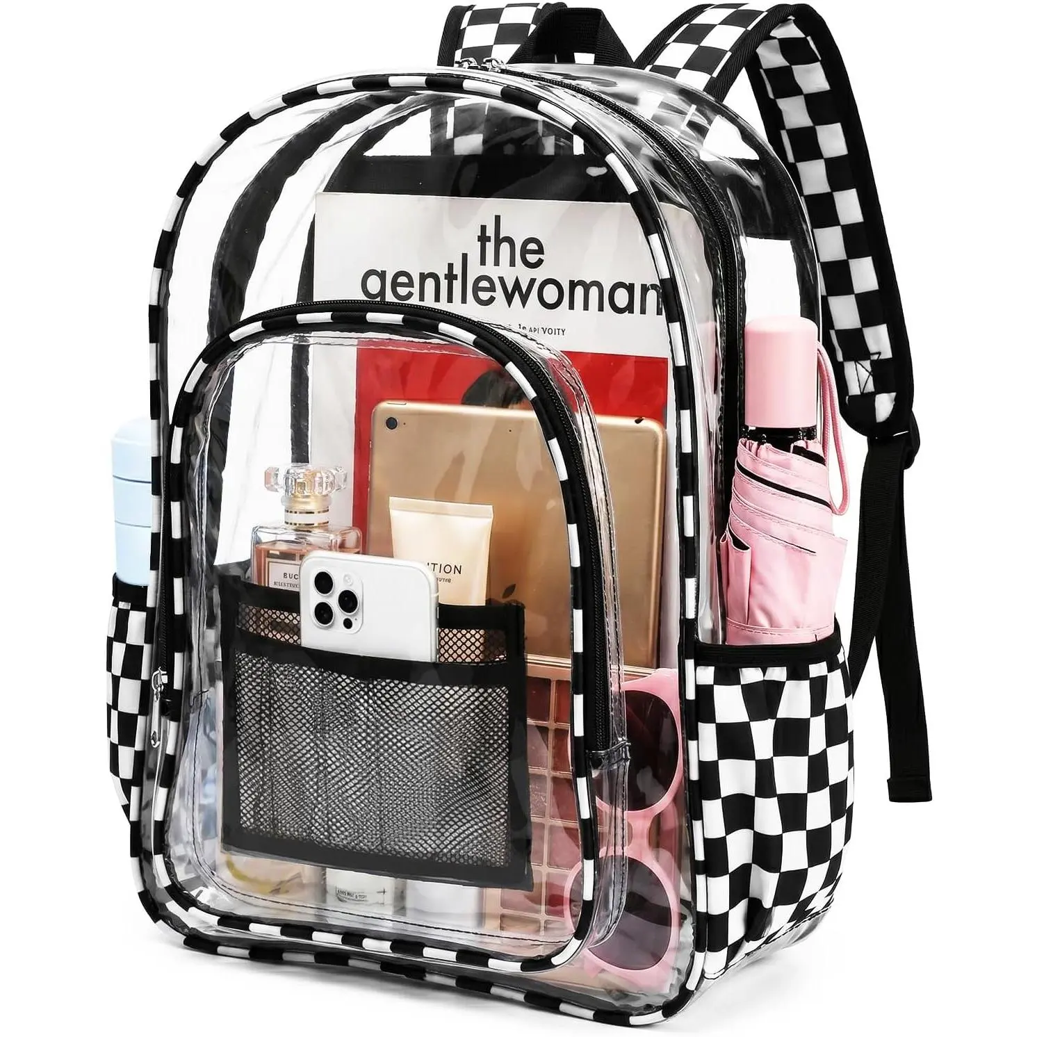 Clear Backpack for School, Water-Resistant PVC Transparent Bookbag with Reinforced Checkered Straps, Heavy Duty See-Through Bag for Students Work Travel Security, 16.5x7x12 in