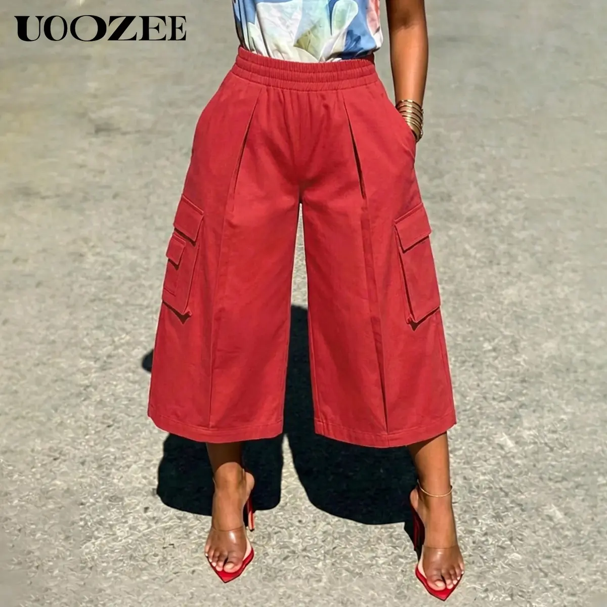 UOOZEE Women's Oversized Red 100% Cotton Cargo Capri Pants, High Elastic Elastic Waistband Wide Leg Cropped Pants,  Streetwear Utility Pants with Cargo Pockets, Casual Everyday Streetwear, Size Down for Slim Fit