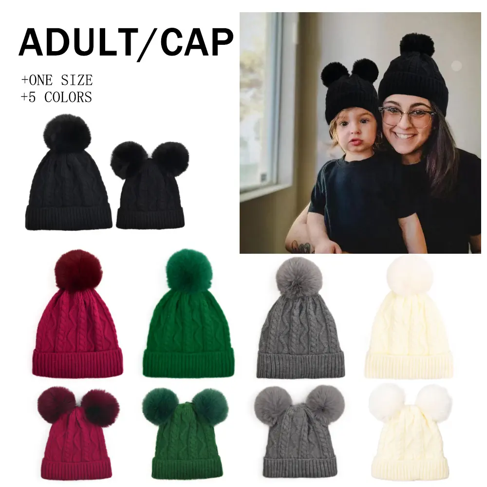 Matching Family Pom Pom Beanie Hat Cable Knit Winter Warm Cap Cute Double Pom Bear Ear Toddler Skull Cap Mommy and Me Holiday Photos Classic Thermal Headwear Single Piece Unit Gift for Her tiktokshopbacktoschool