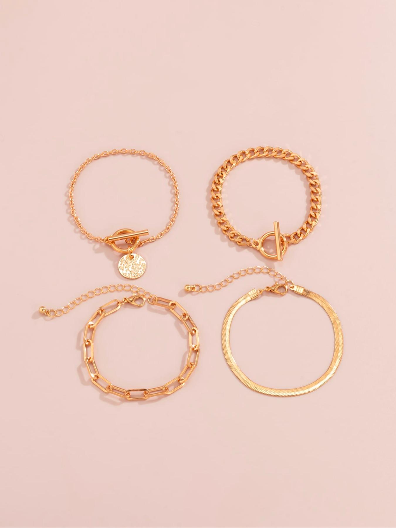 Women's Simple Disc Charm Ot Clasp Bracelet Set, 4-Piece Daily Jewelry Accessories, Fashionable Multi-Use Design