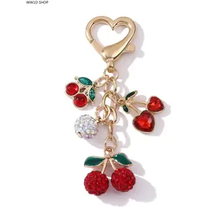 Pearl Heart Cherry Keychain for Women, Rhinestone Alloy Pendant Accessory for Handbags, Backpacks and Keys, Sparkly Decorative Daily Carry Charm