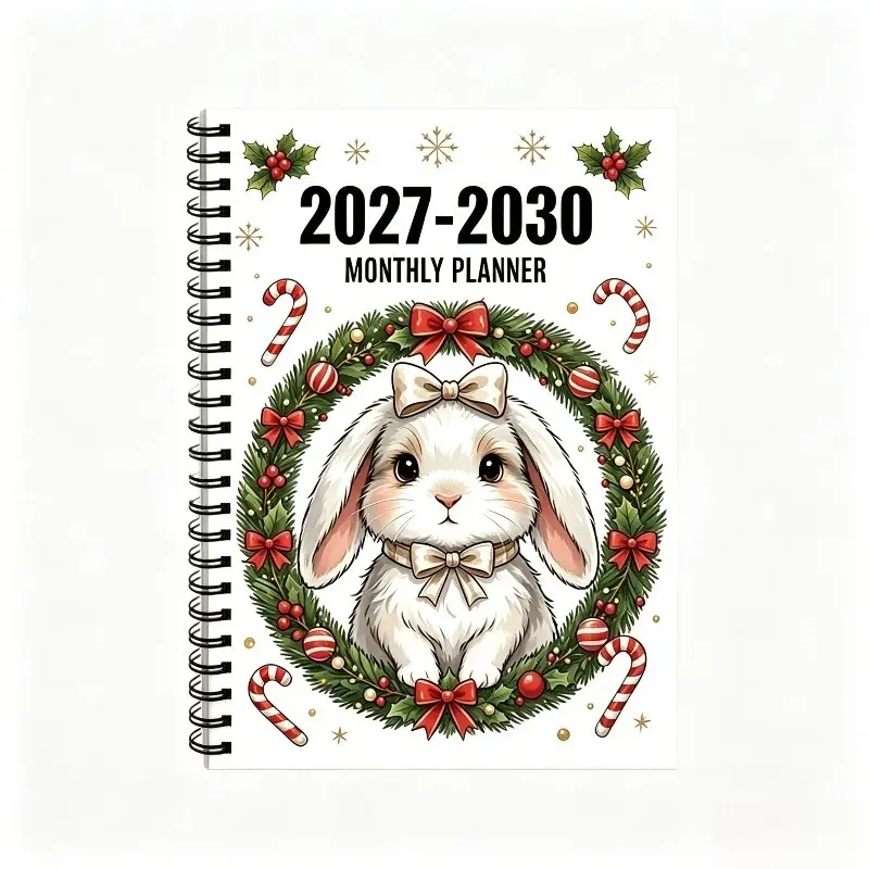 2027-2030 Spiral Bound Monthly Planner - A5 Size, Dual Use for Office and Journaling, 124 Thick Pages, Gradient Inner Pages, Cute Bunny Wreath and Candy Cane/Daisy Notebook, Portable Journal
