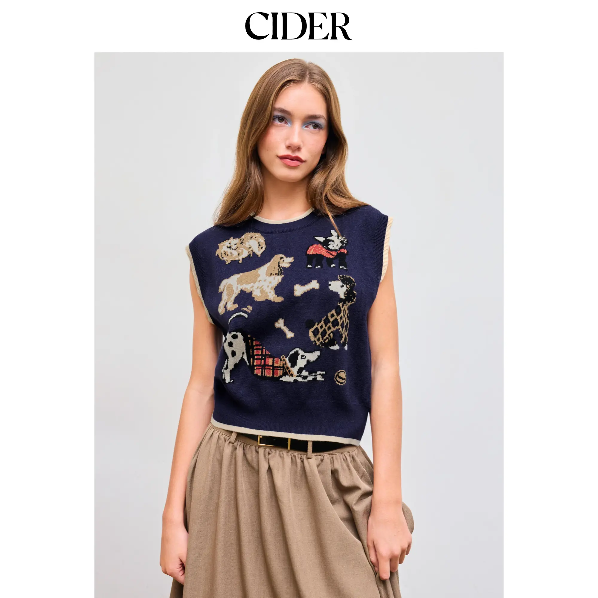 Cider [size 2-26] Knit Round Neckline Dog Graphic Contrasting Binding Vest