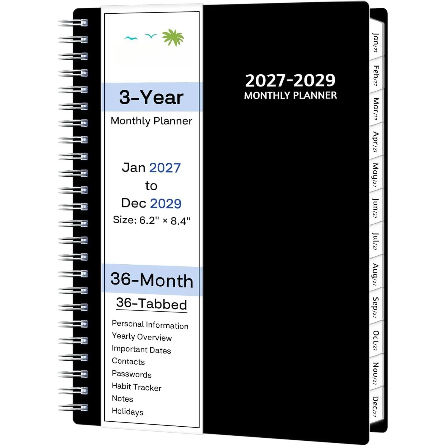 Monthly Planner 2027-2029, 3-Year Calendar Planner 2027-2029, Jan 2027 – Dec 2029, 6.2 x 8.4 In, Ruled Spread, Flexible Cover, Spiral Wirebound, Pocket, 36 Coated Monthly Tabs, Notes & Habit