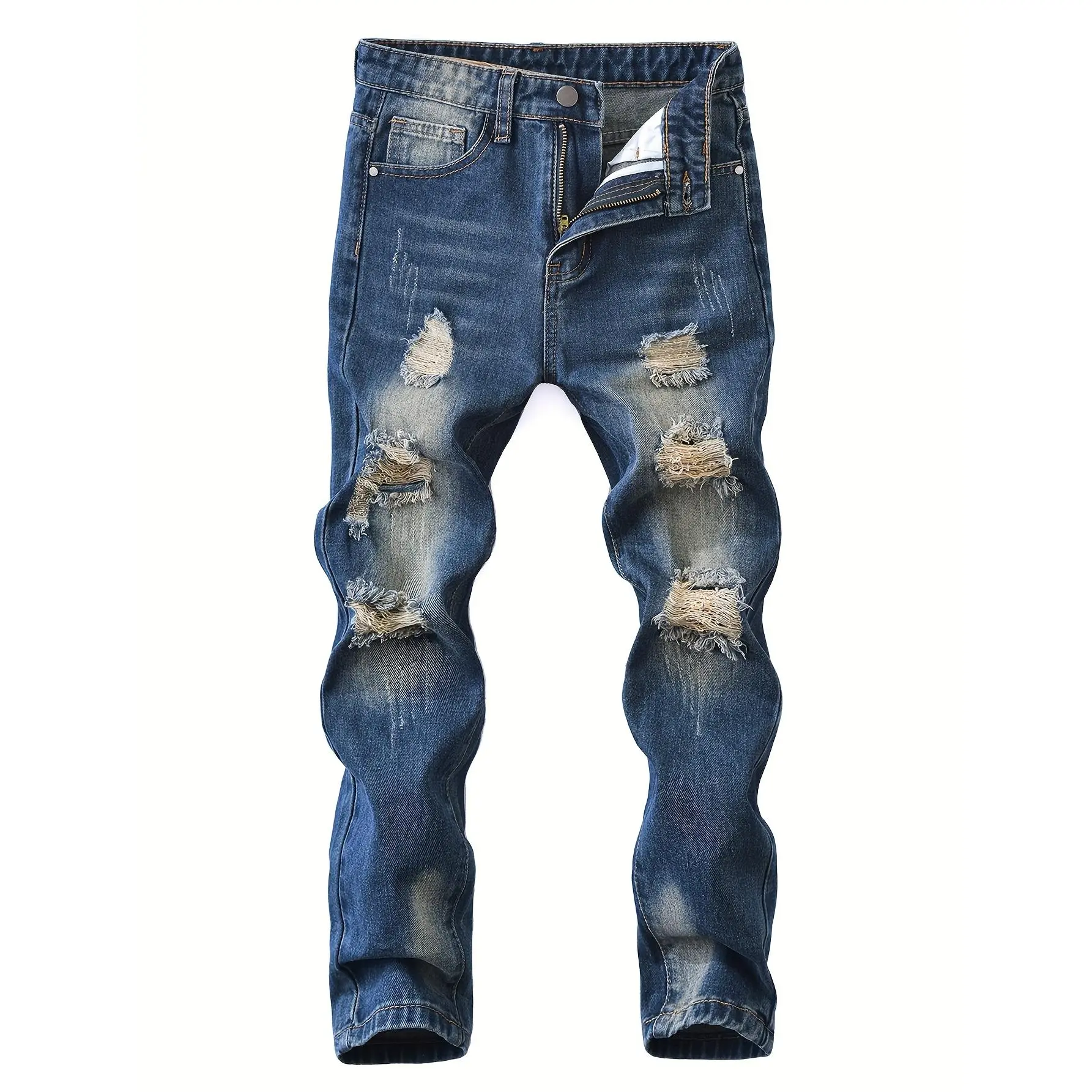 Boys' Ripped Slim Fit Stretch Denim Pants - Cotton Blend Casual Wear, Teen All-Season Bottoms with Pockets, Zipper, Machine Washable