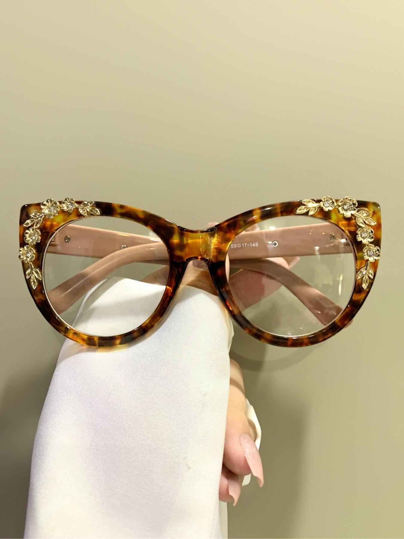 Women's Elegant Leopard & Flower & Rhinestone Decor Eyeglasses, Trendy Casual Cat Eye Frame Eyeglasses for Everyday Use, Fashion Accessories for Women & Girls, Leopard Pattern Eyeglasses, Stylish Glasses, Stylish Trendy Eyewear