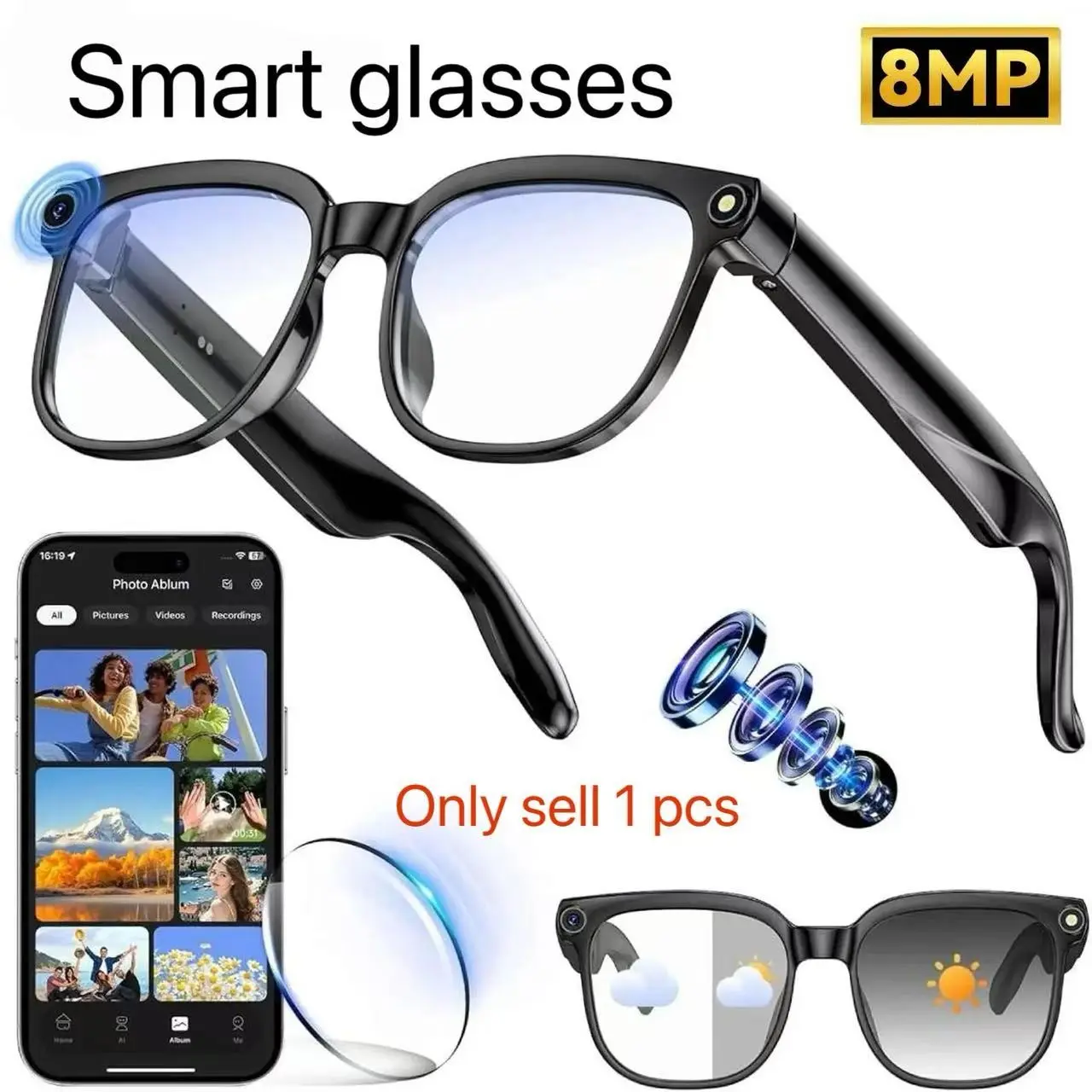 Ai Smart Glasses M02s, Comfortable Long Wear, Stylish Abs Frame, Blue Light Protection, Real-Time Translation, Ideal for Meetings & Travel