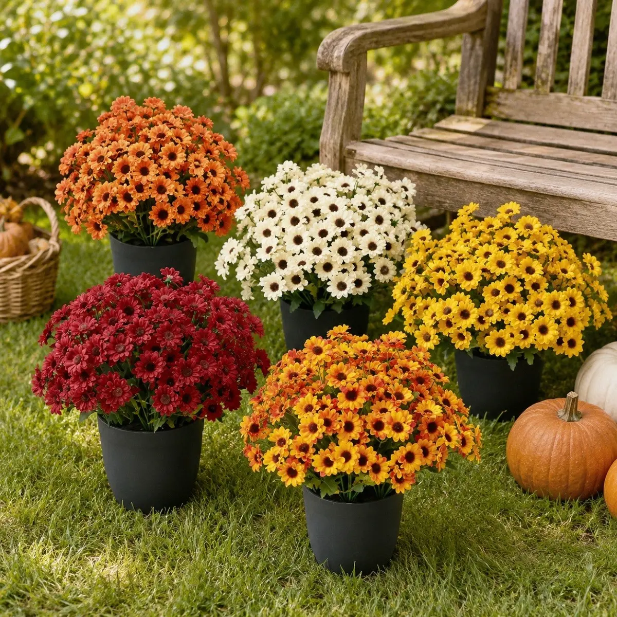 Artificial Mums for Outdoors Planters Fake Mums Fall Flowers Fake Plants UV Resistant No Fade Faux Plastic Greenery Garden Home Decor Look Real Full Vibrant(7 Bundle)