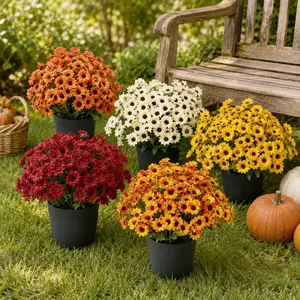 Artificial Mums for Outdoors Planters Fake Mums Fall Flowers Fake Plants UV Resistant No Fade Faux Plastic Greenery Garden Home Decor Look Real Full Vibrant(7 Bundle)